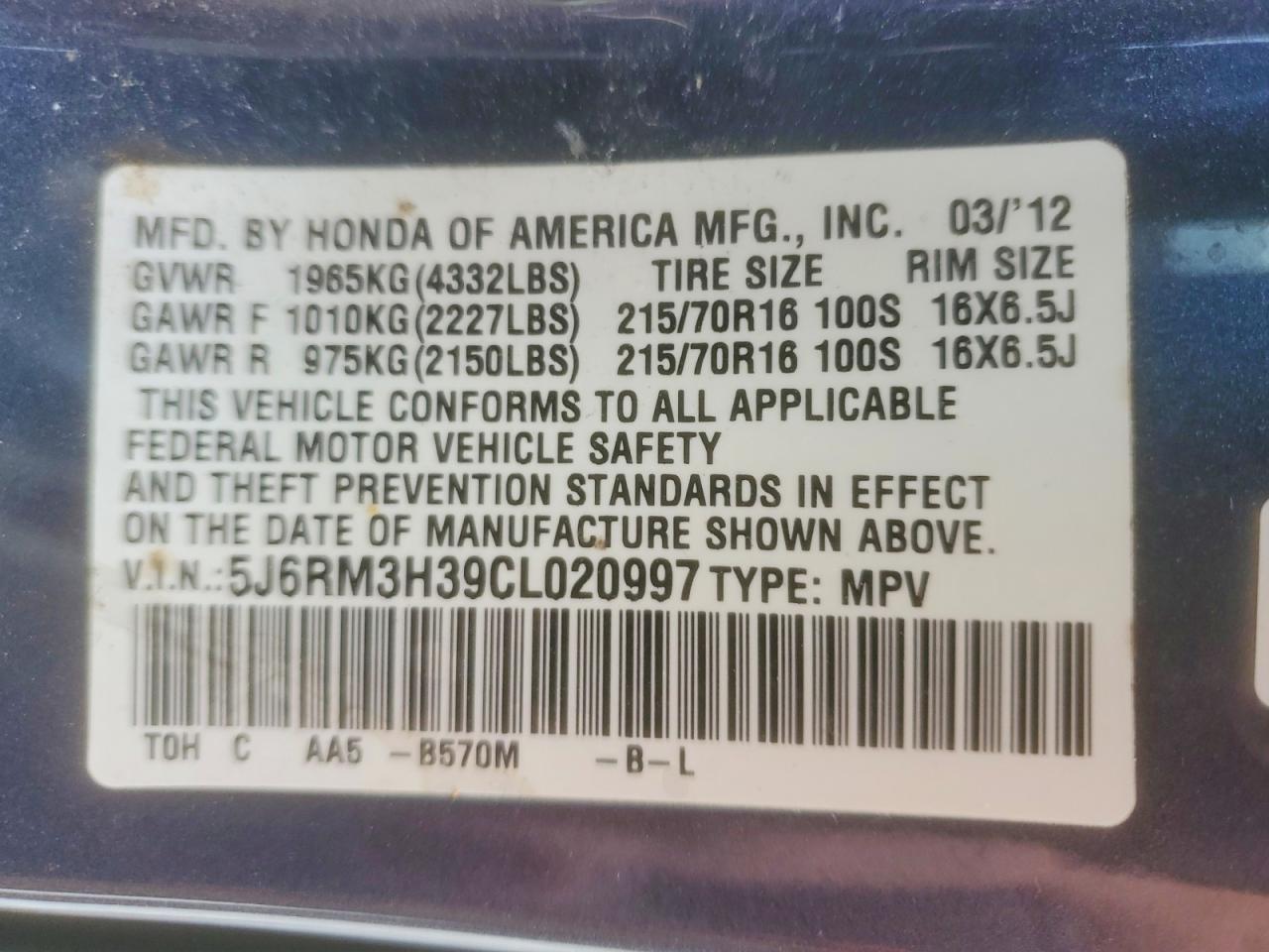 2012 Honda Cr-v Lx Blue vin: 5J6RM3H39CL020997