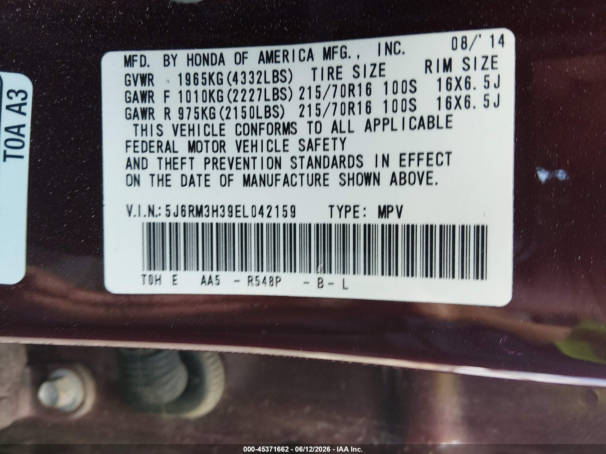 2014 Honda Cr-v Lx Maroon vin: 5J6RM3H39EL042159
