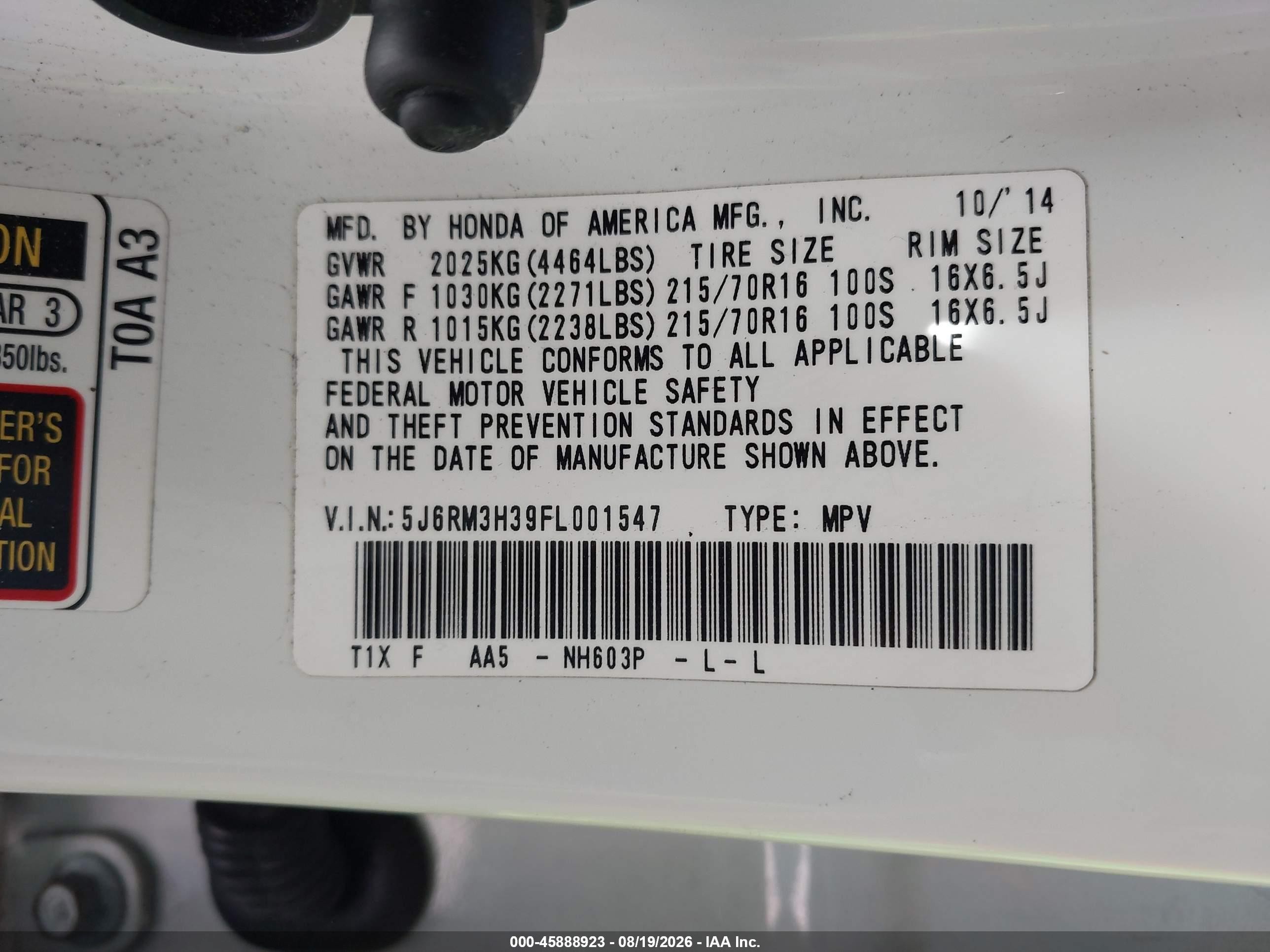 2015 Honda Cr-v Lx Белый vin: 5J6RM3H39FL001547