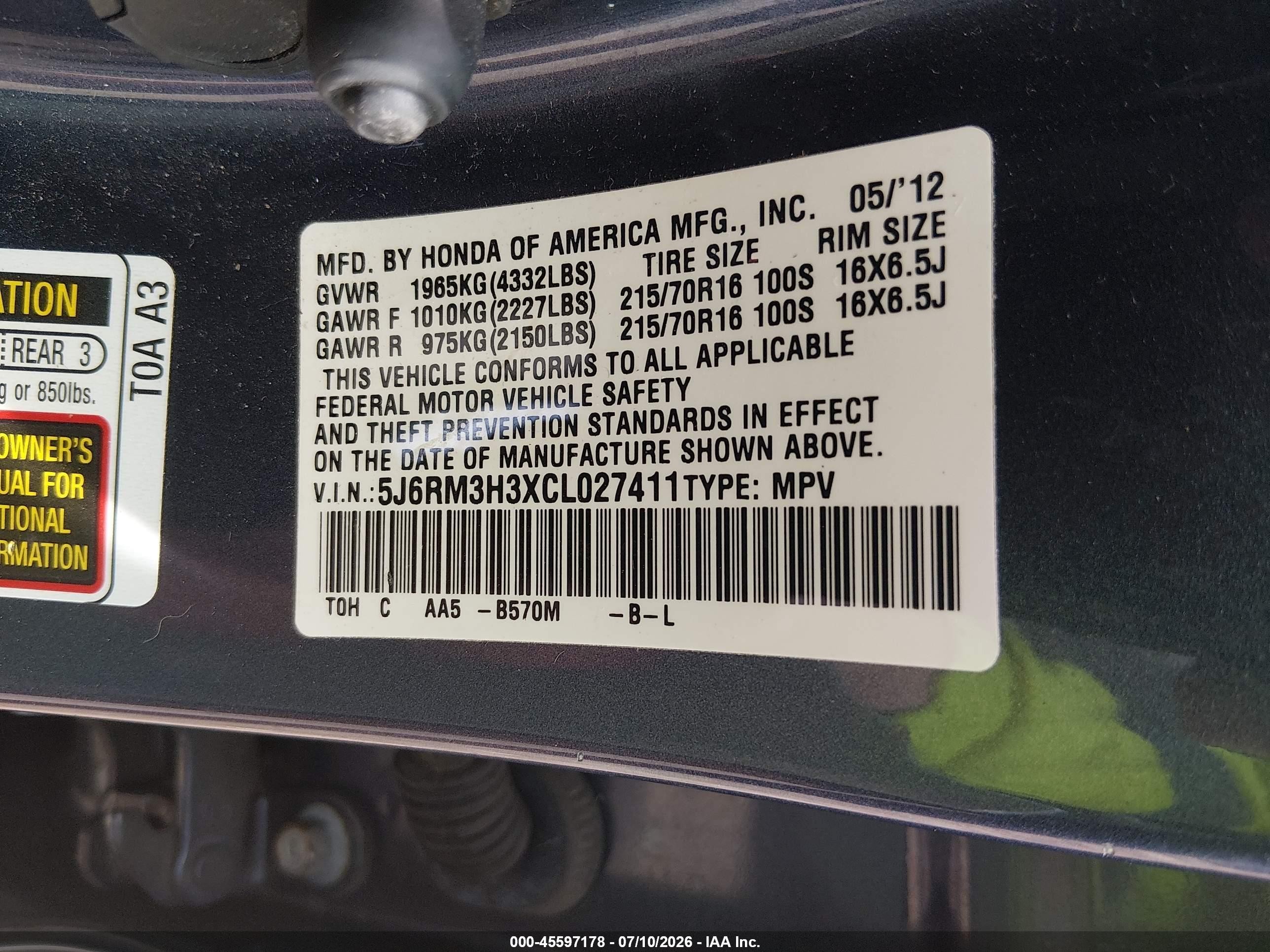 2012 Honda Cr-v Lx Синий vin: 5J6RM3H3XCL027411