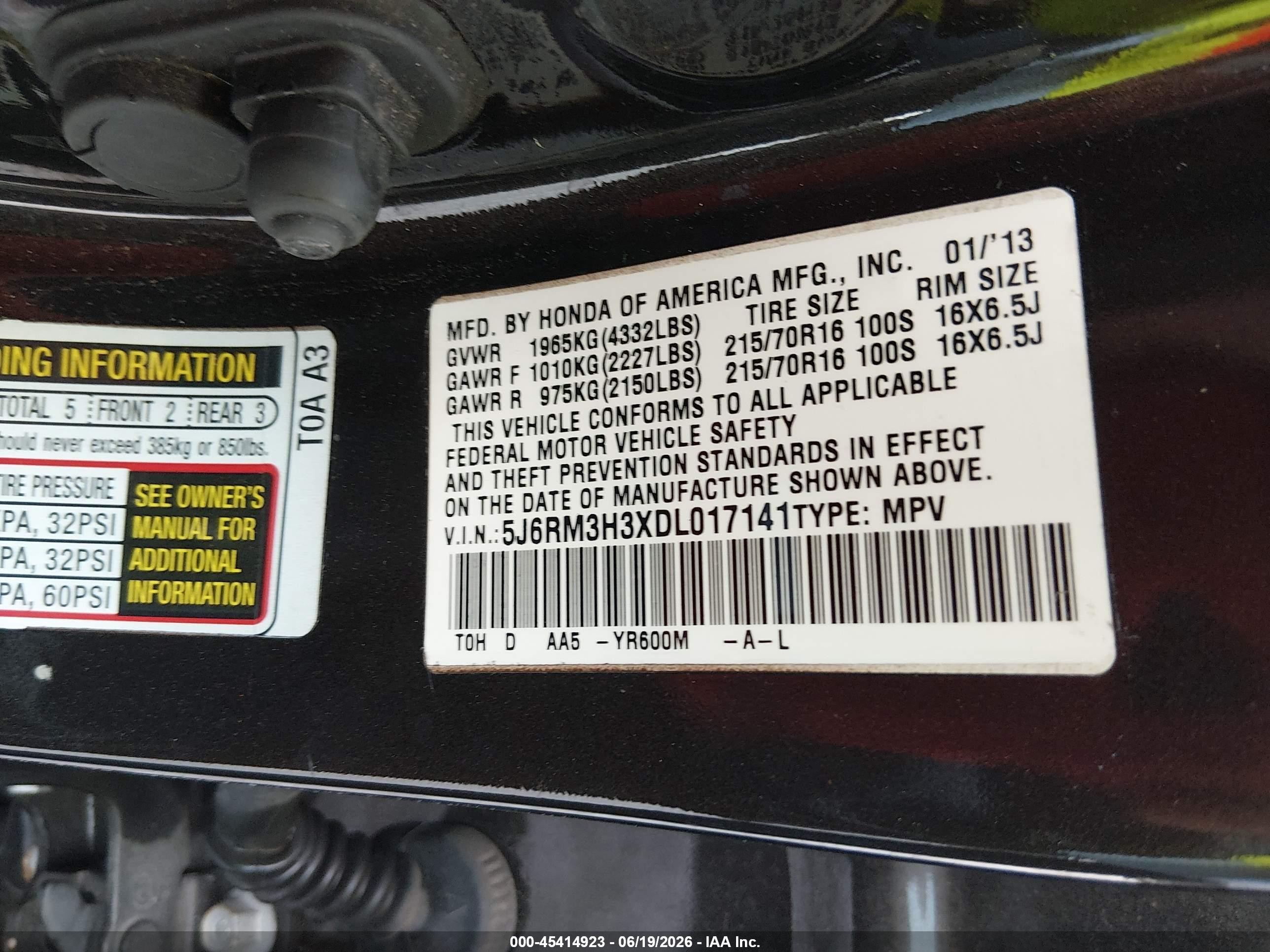 2013 Honda Cr-v Lx Черный vin: 5J6RM3H3XDL017141