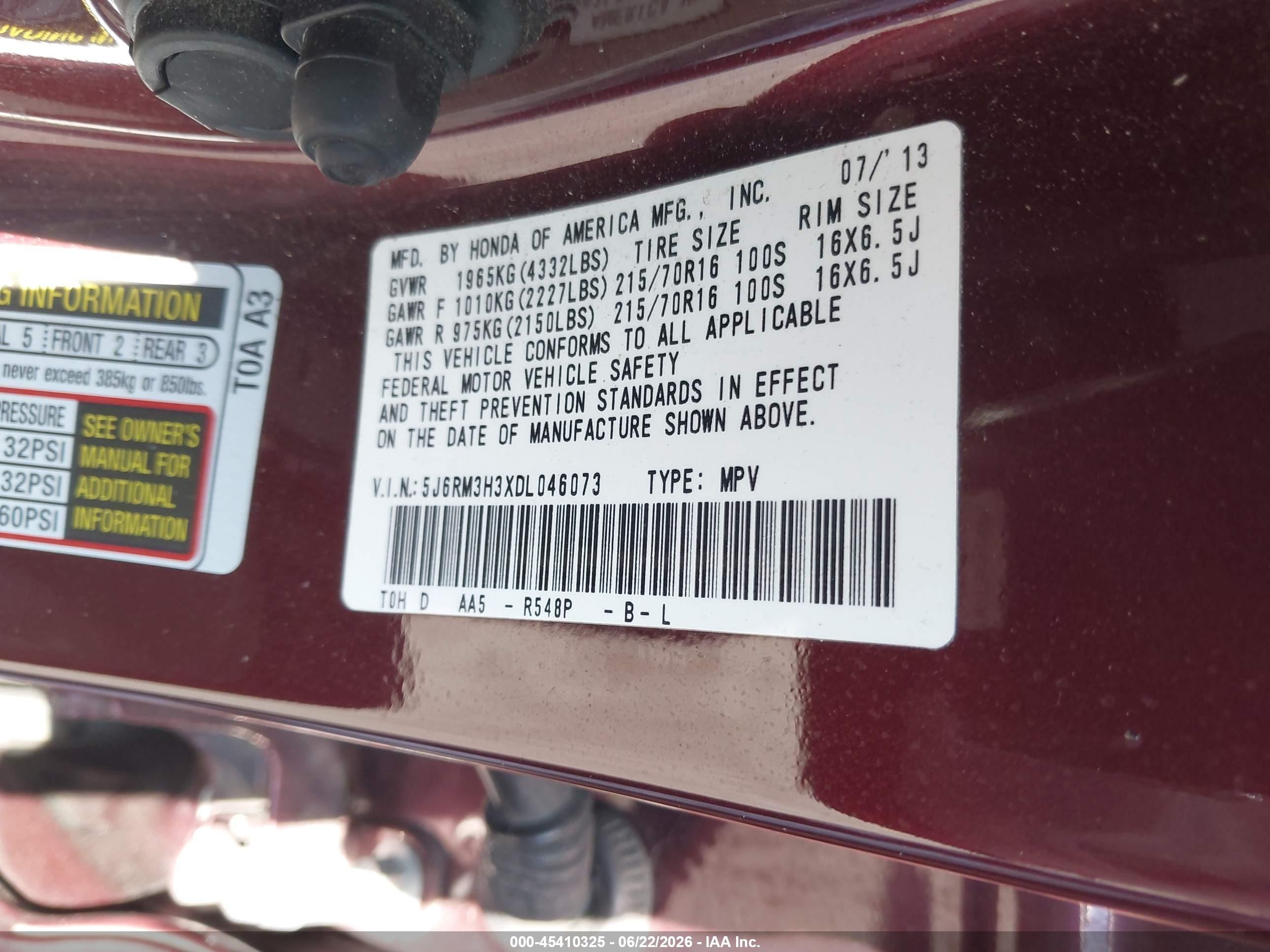 2013 Honda Cr-v Lx Burgundy vin: 5J6RM3H3XDL046073