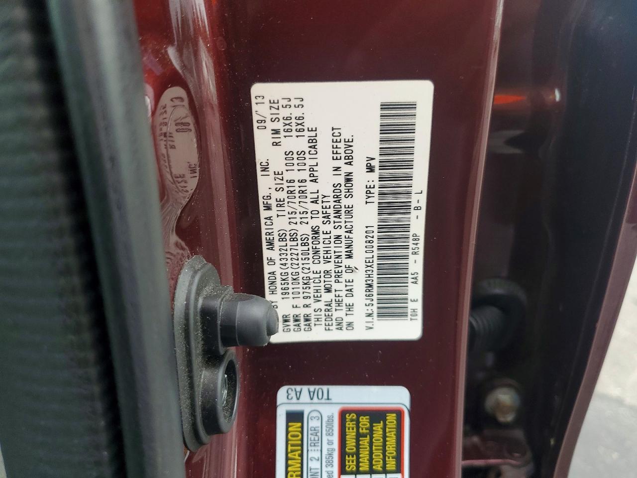 2014 Honda Cr-v Lx Burgundy vin: 5J6RM3H3XEL008201