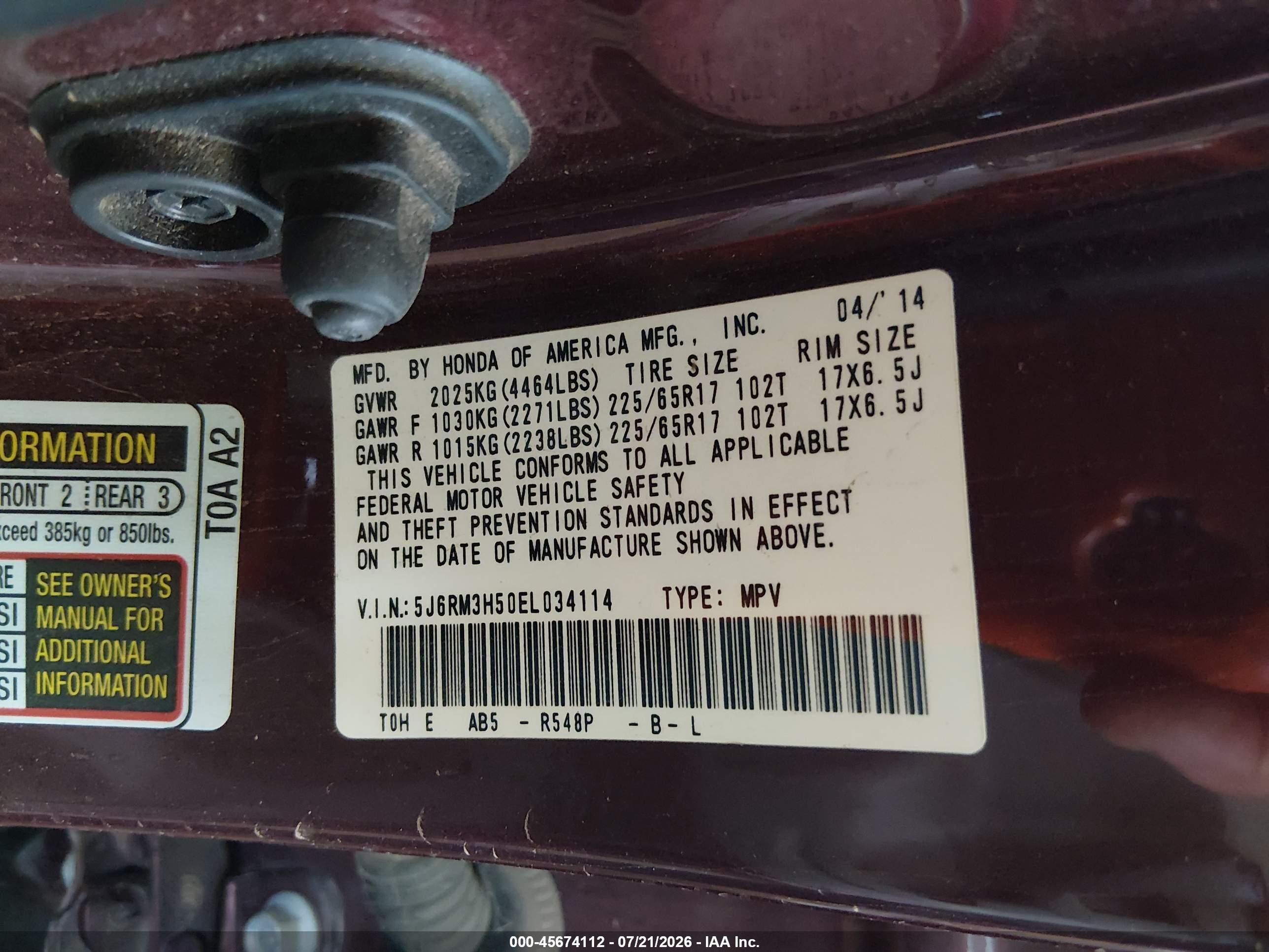 2014 Honda Cr-v Ex Burgundy vin: 5J6RM3H50EL034114