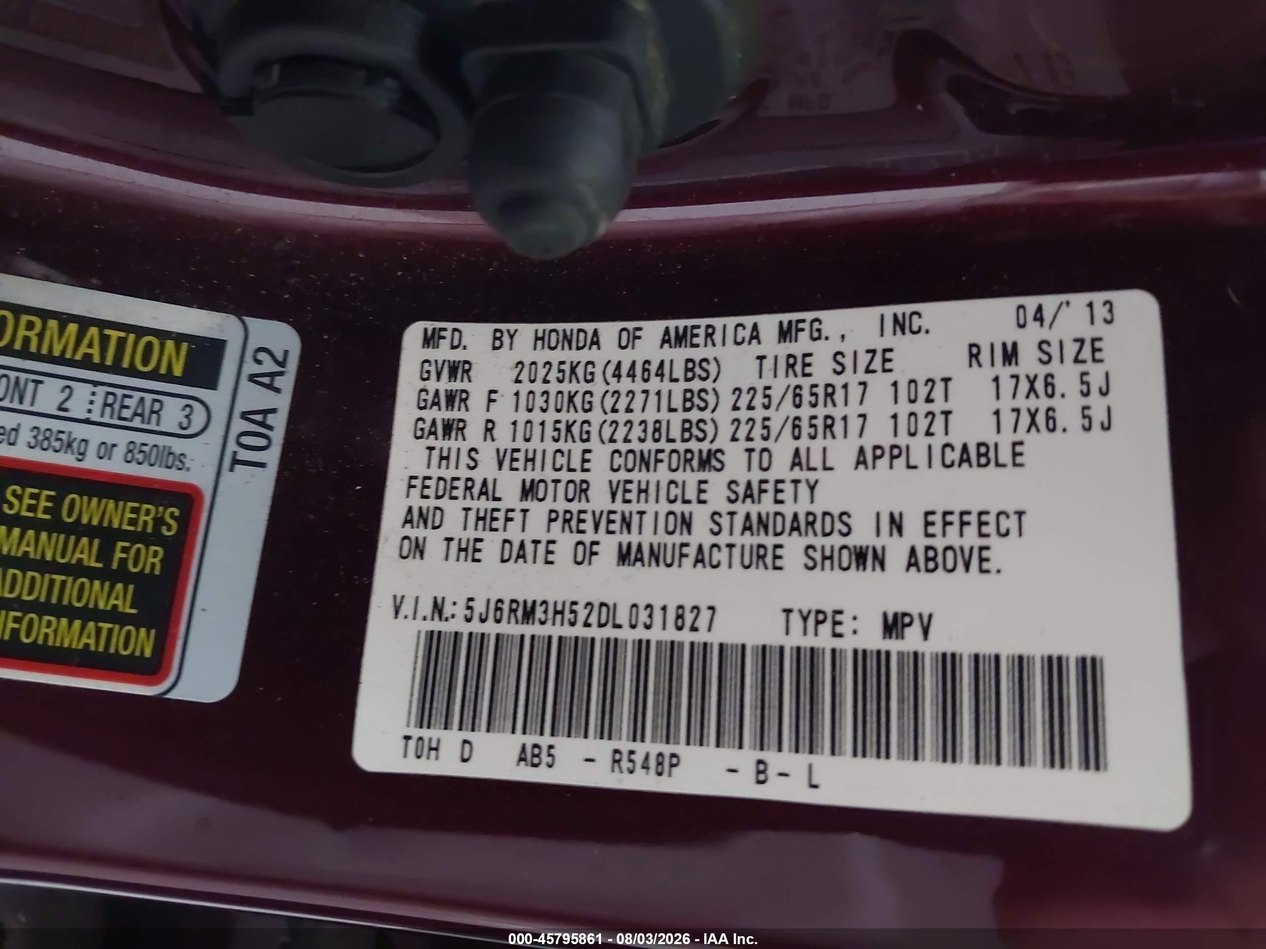 2013 Honda Cr-v Ex Maroon vin: 5J6RM3H52DL031827