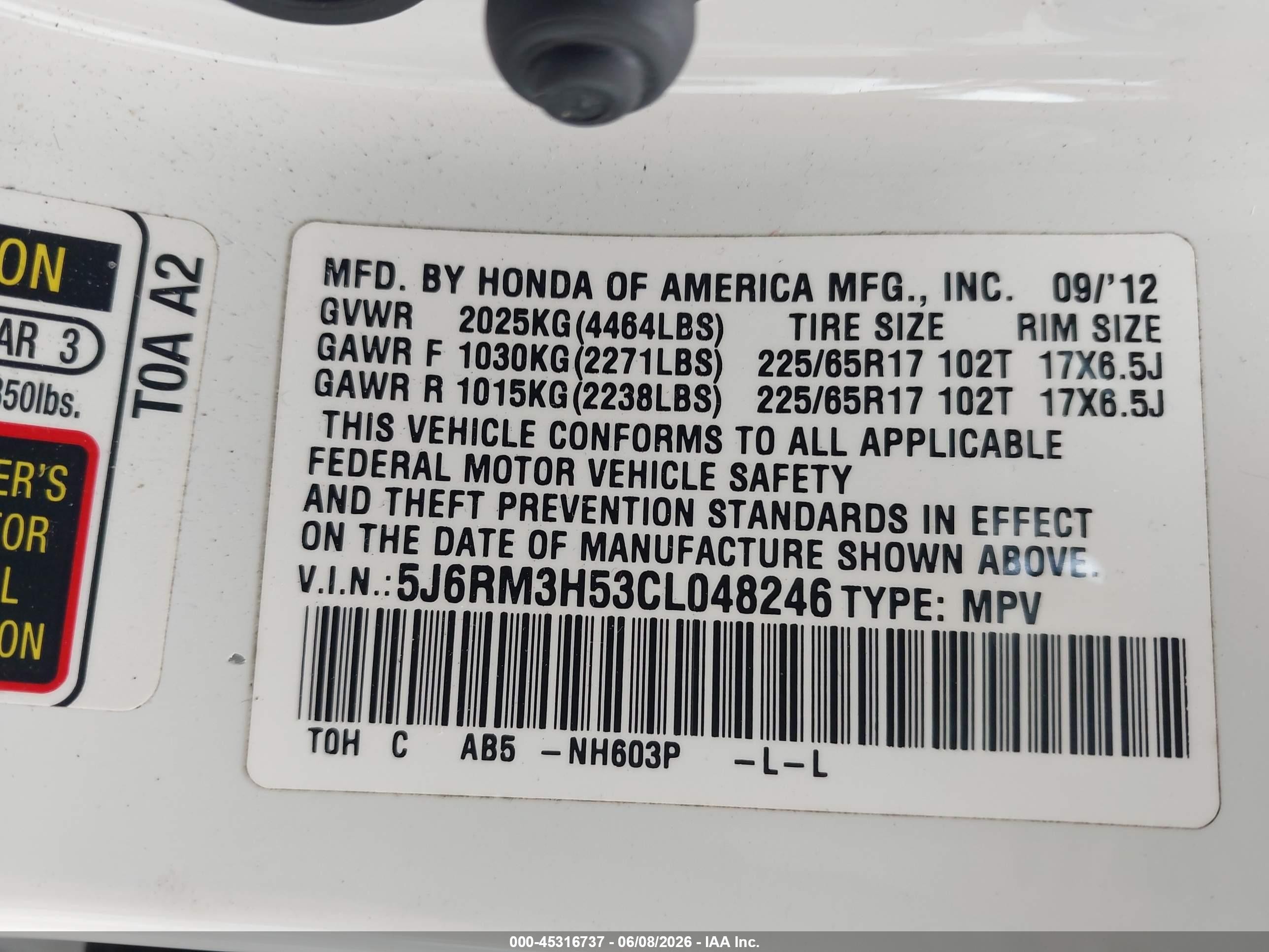 2012 Honda Cr-v Ex White vin: 5J6RM3H53CL048246