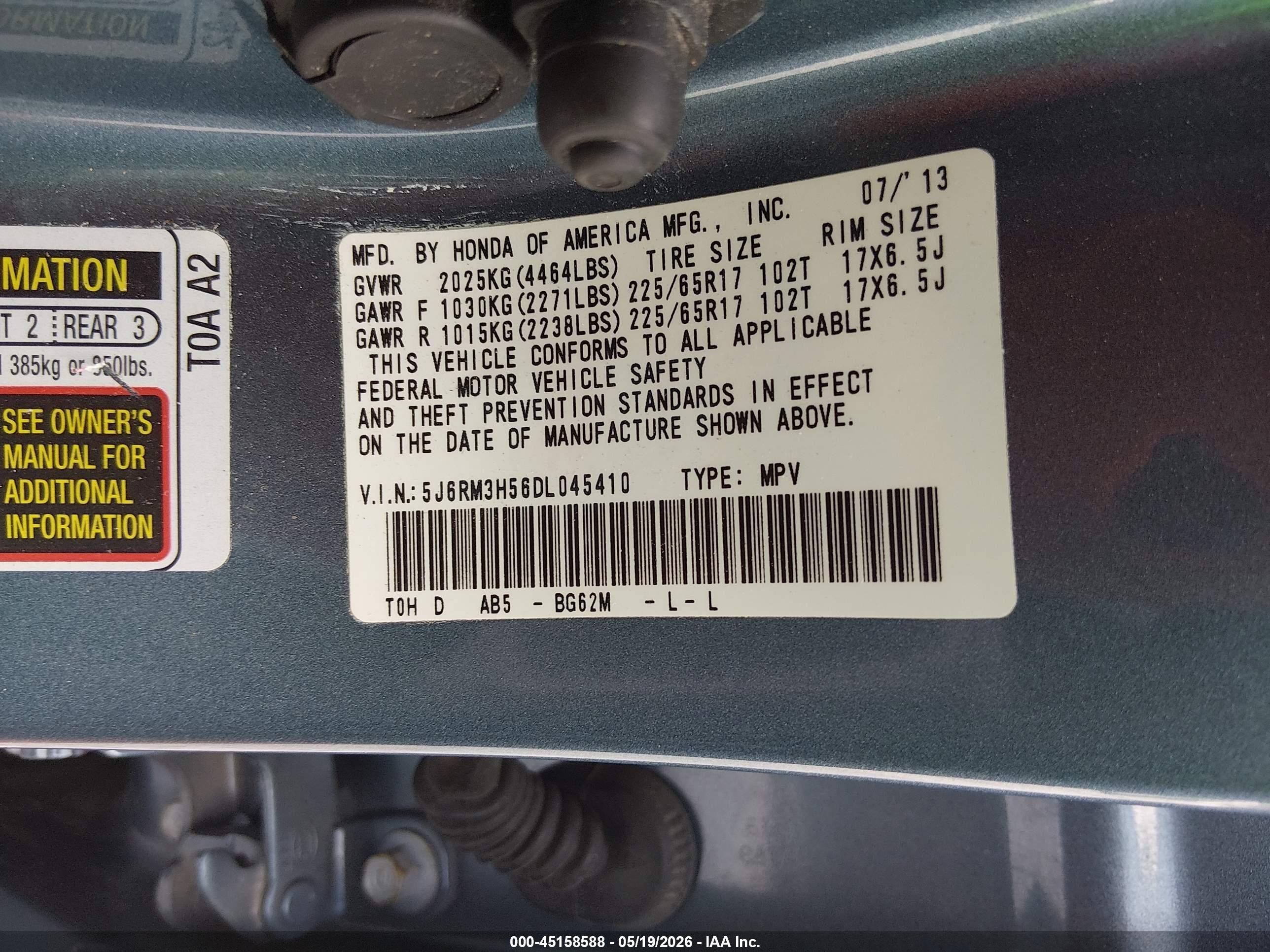 2013 Honda Cr-v Ex Blue vin: 5J6RM3H56DL045410