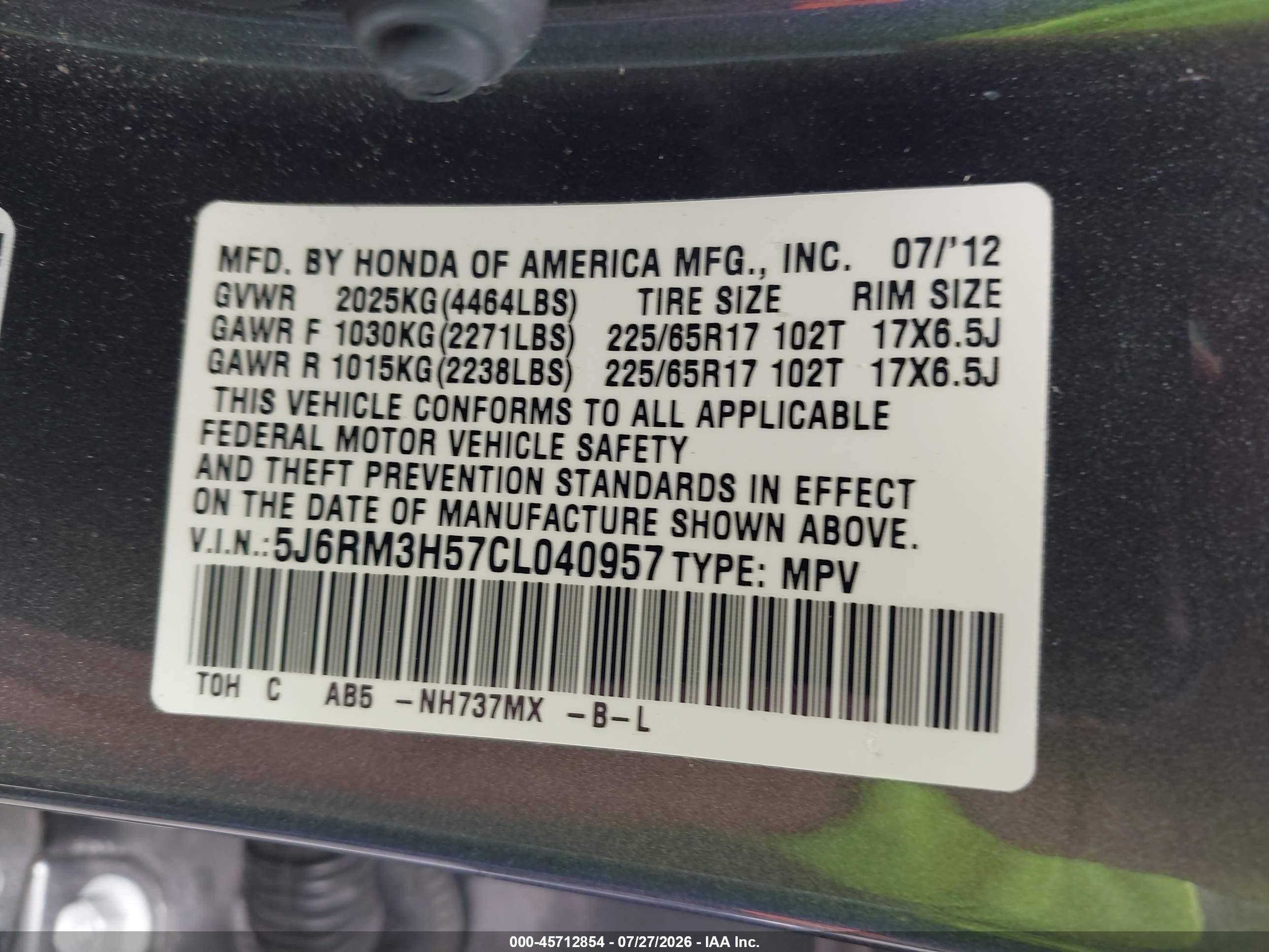 2012 Honda Cr-v Ex Gray vin: 5J6RM3H57CL040957