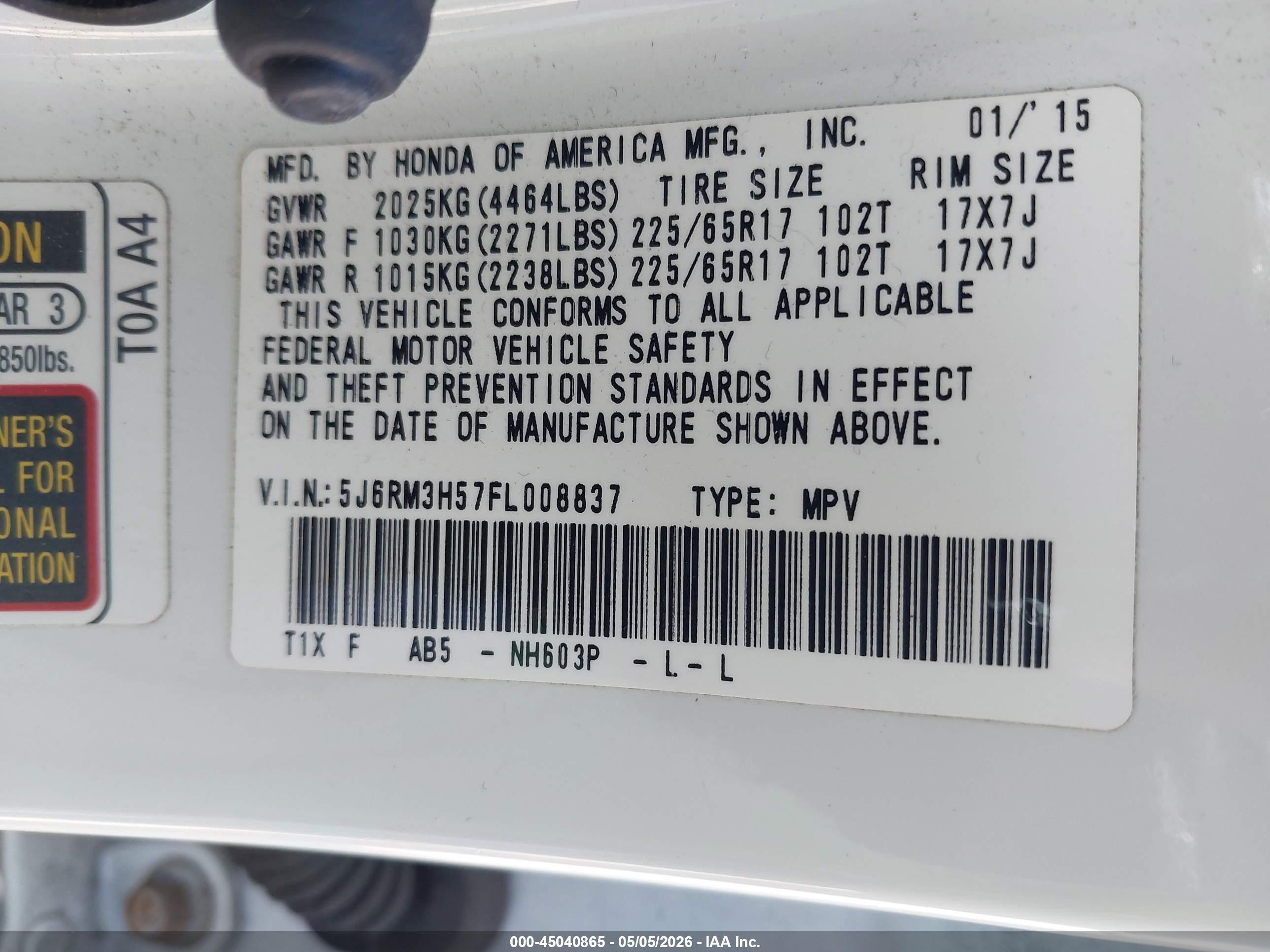 2015 Honda Cr-v Ex Белый vin: 5J6RM3H57FL008837