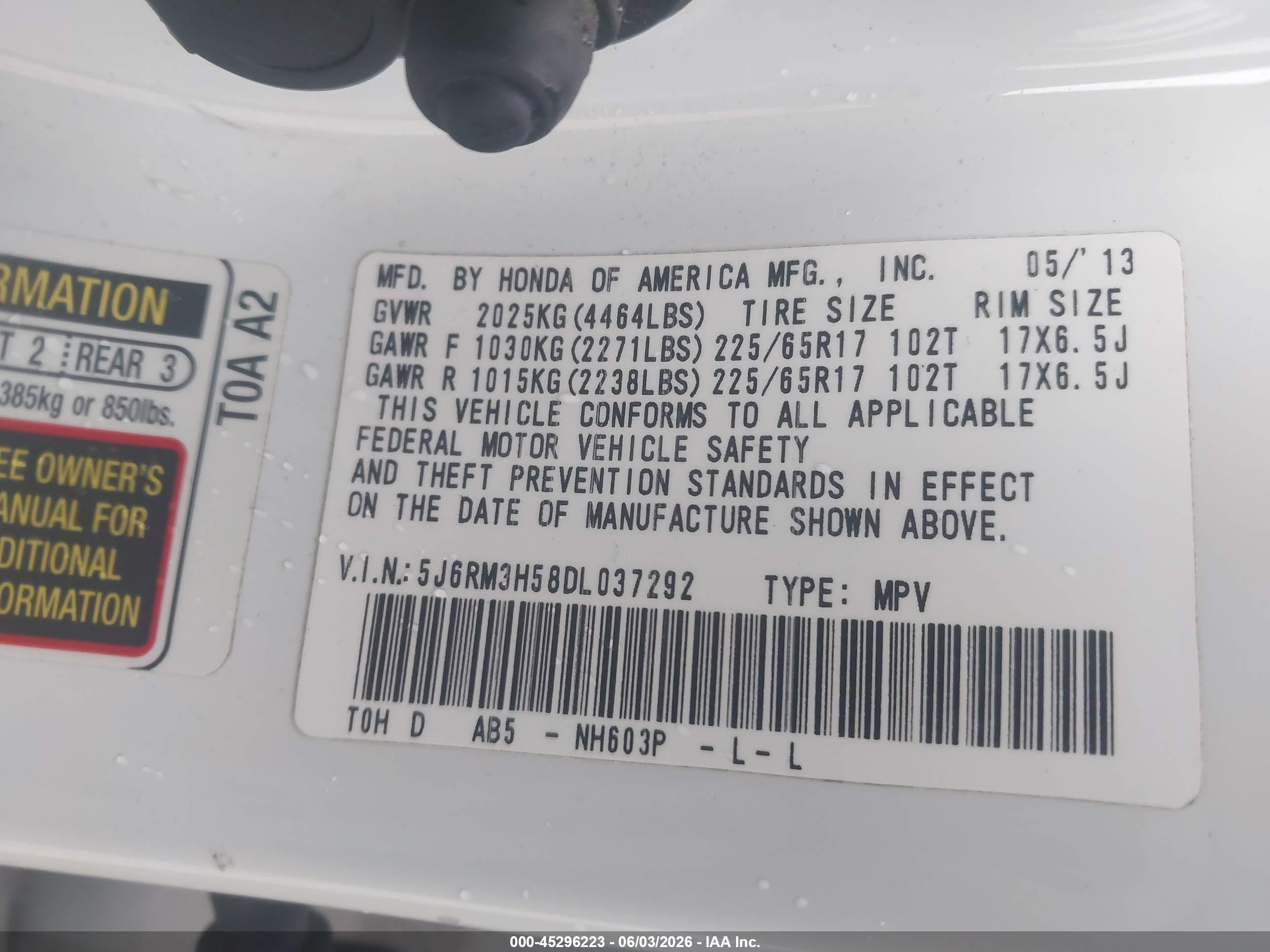2013 Honda Cr-v Ex White vin: 5J6RM3H58DL037292