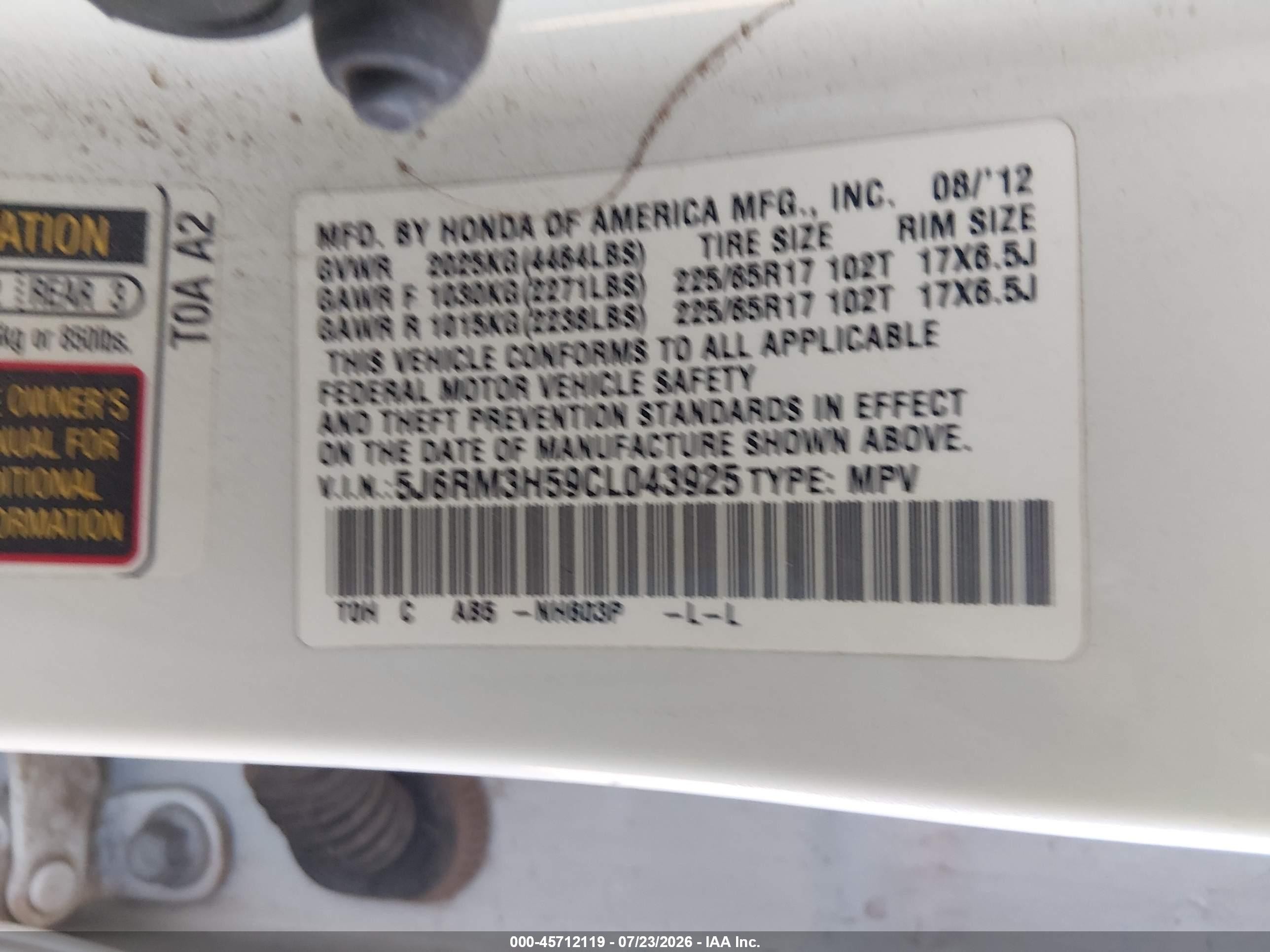 2012 Honda Cr-v Ex White vin: 5J6RM3H59CL043925