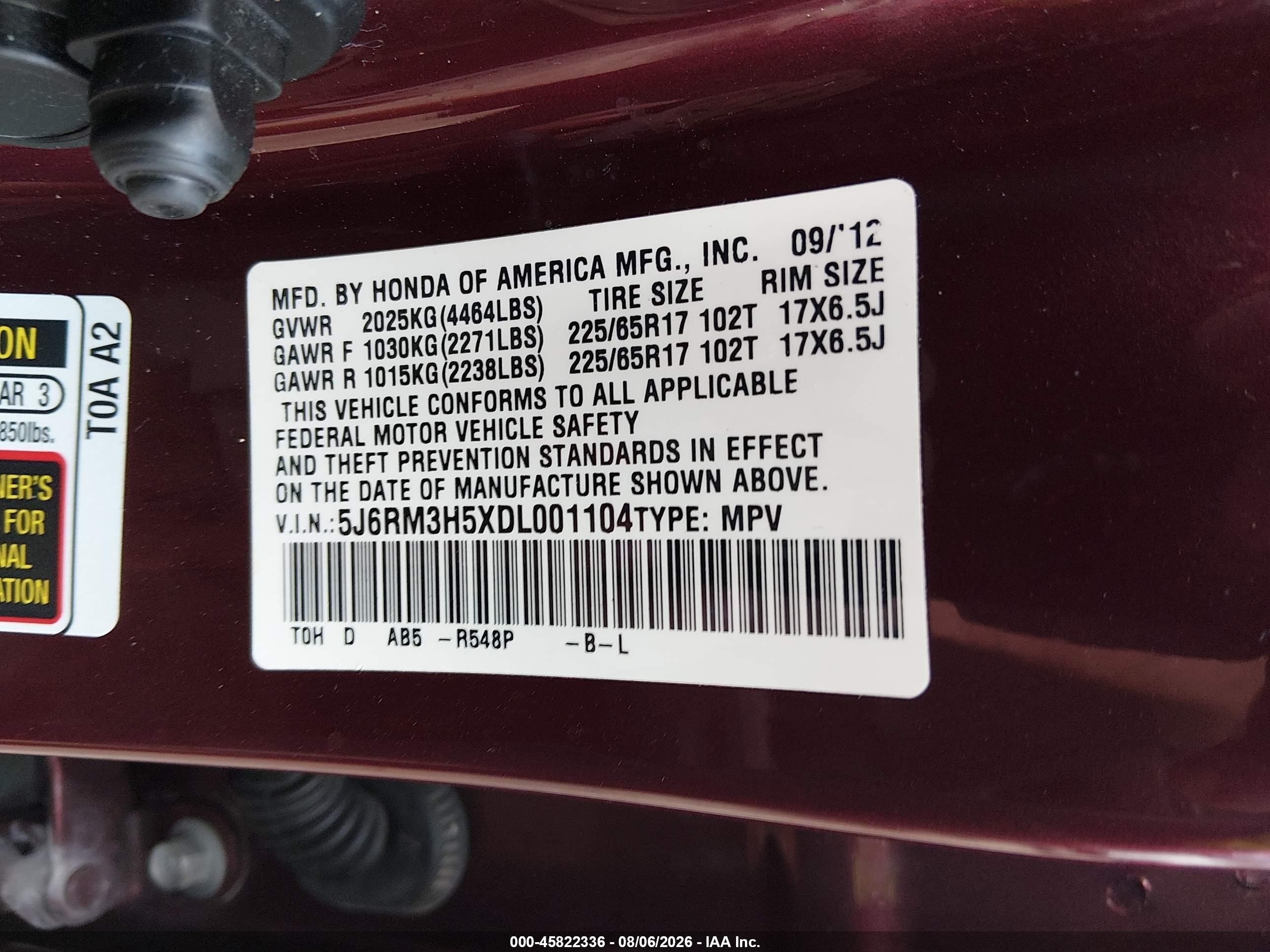 2013 Honda Cr-v Ex Maroon vin: 5J6RM3H5XDL001104