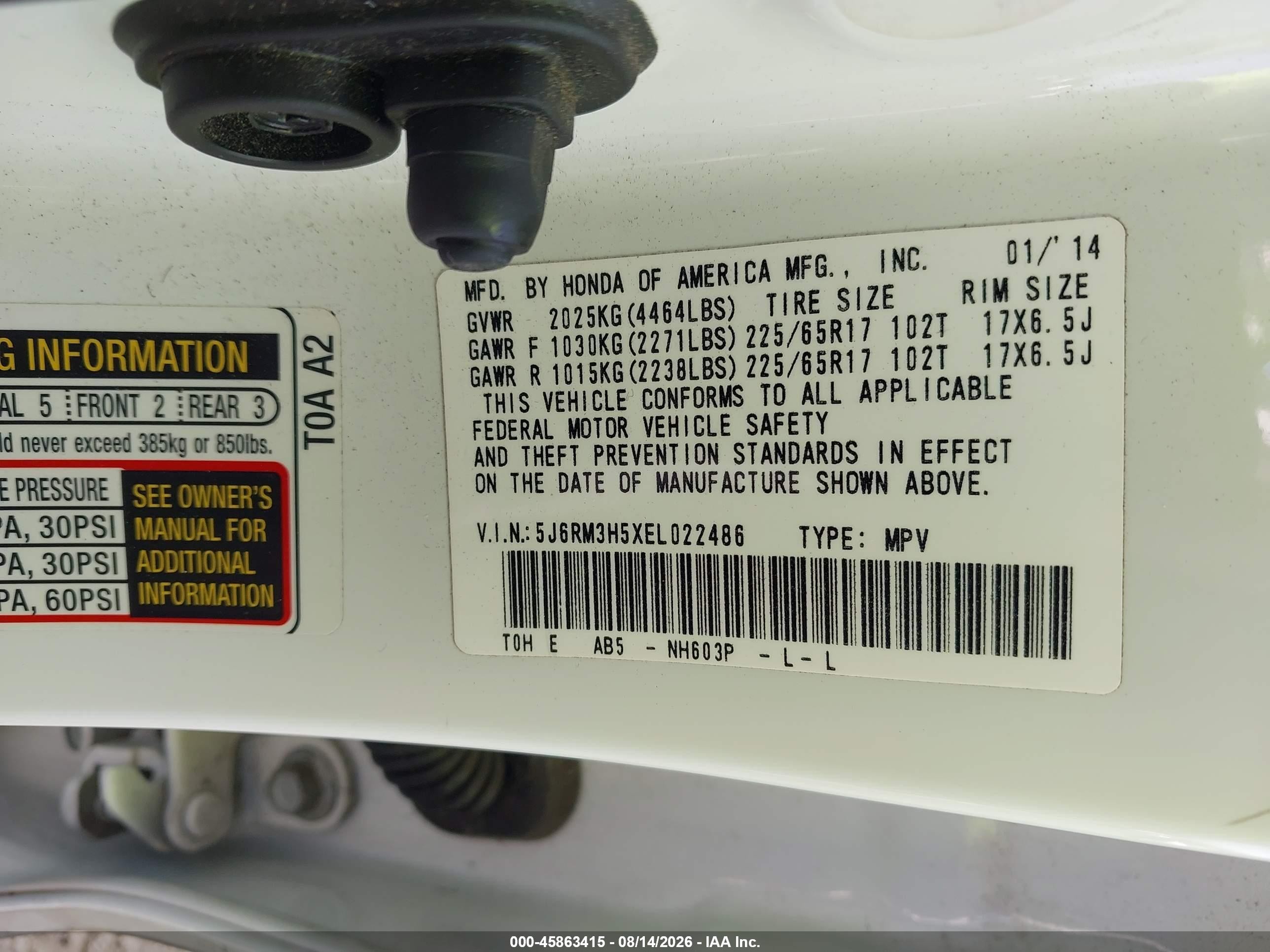 2014 Honda Cr-v Ex White vin: 5J6RM3H5XEL022486