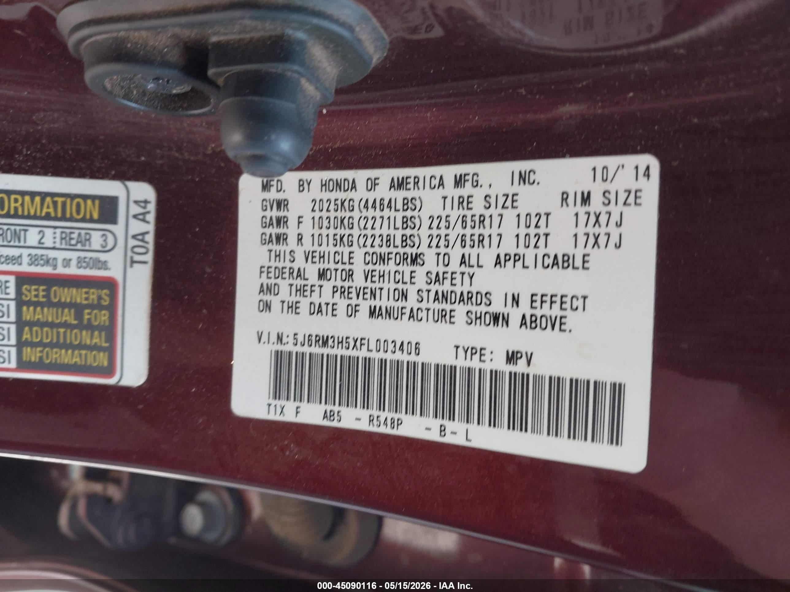 2015 Honda Cr-v Ex Maroon vin: 5J6RM3H5XFL003406