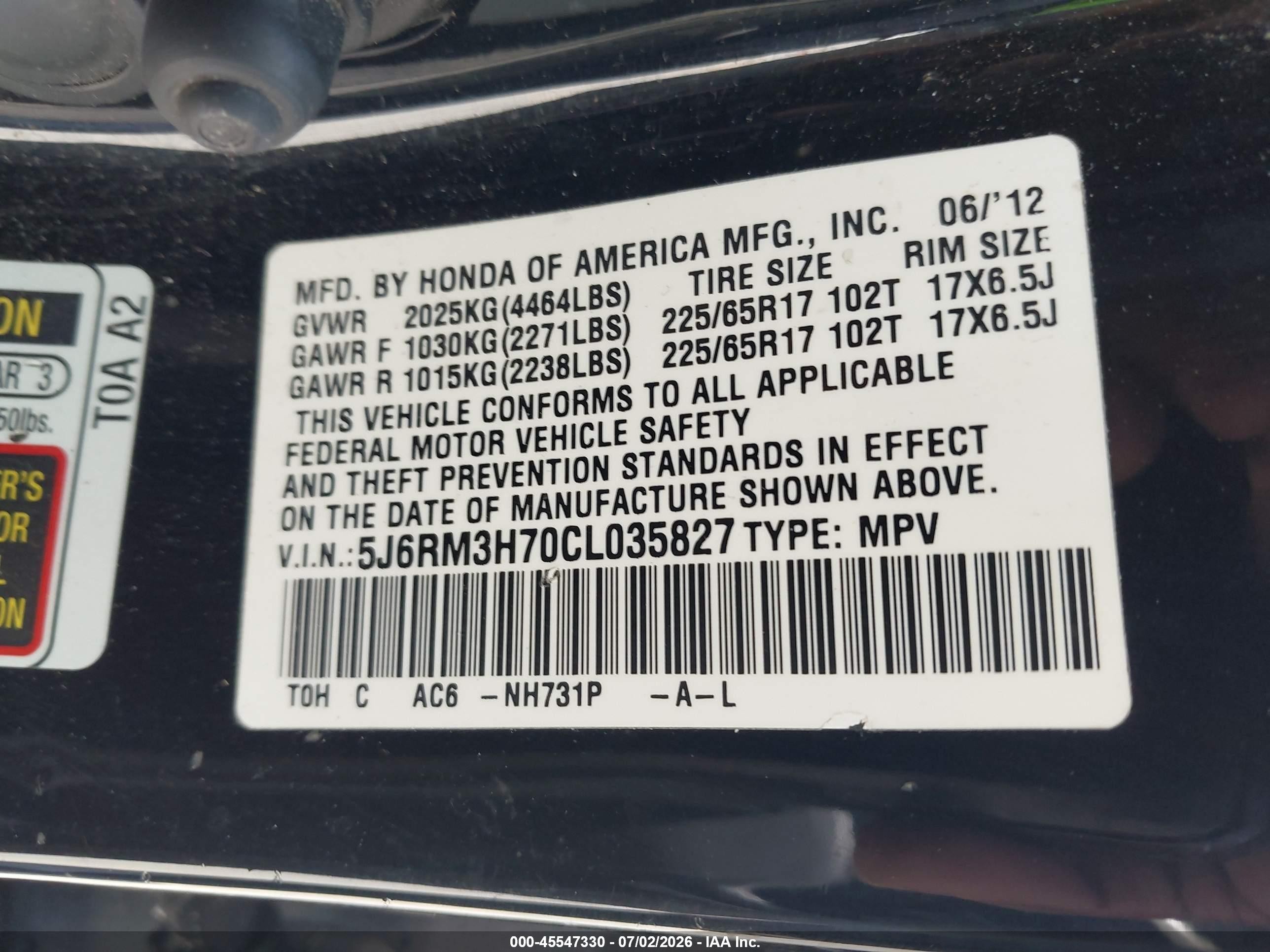 2012 Honda Cr-v Ex-l Black vin: 5J6RM3H70CL035827