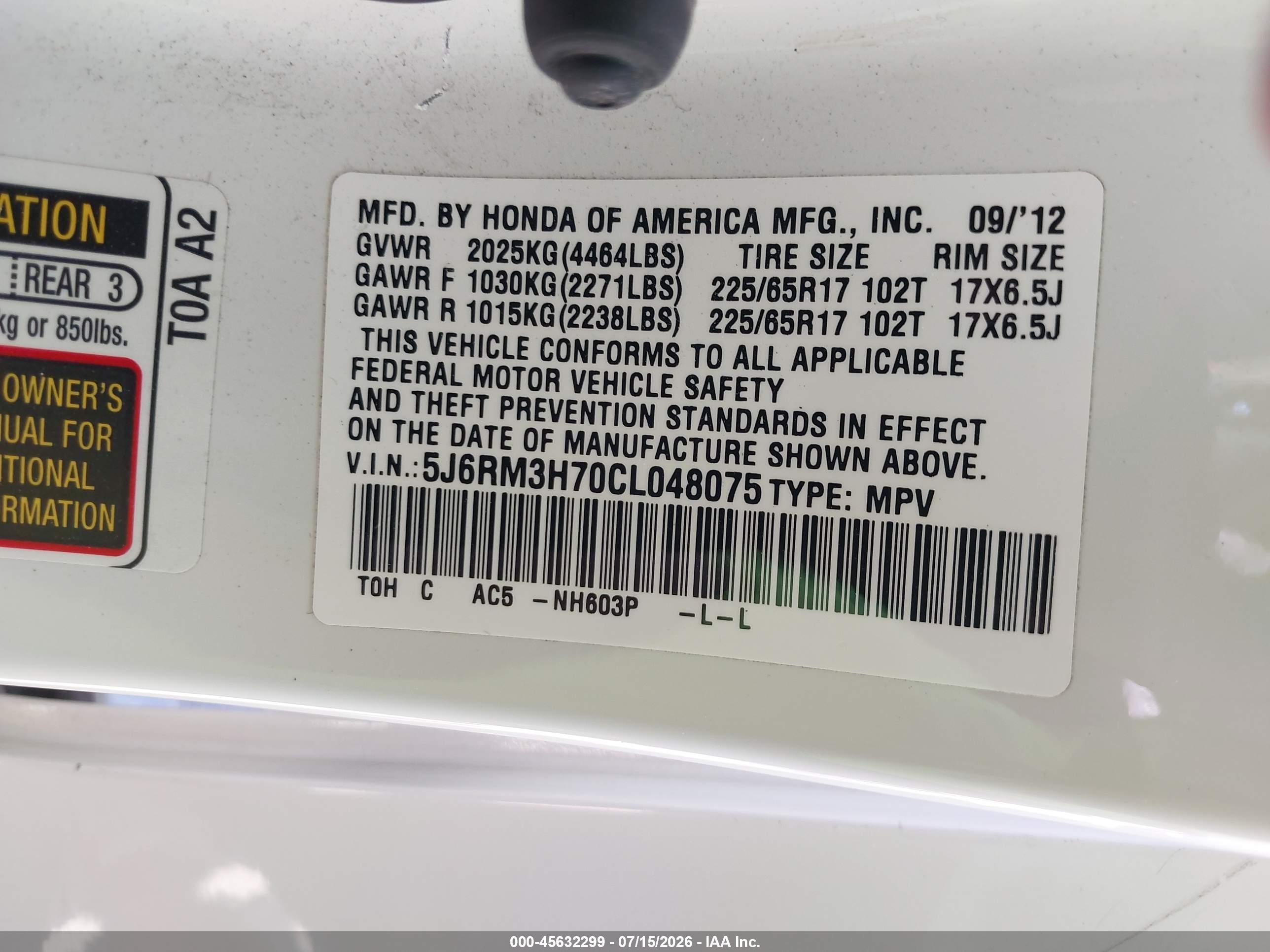 2012 Honda Cr-v Ex-l White vin: 5J6RM3H70CL048075