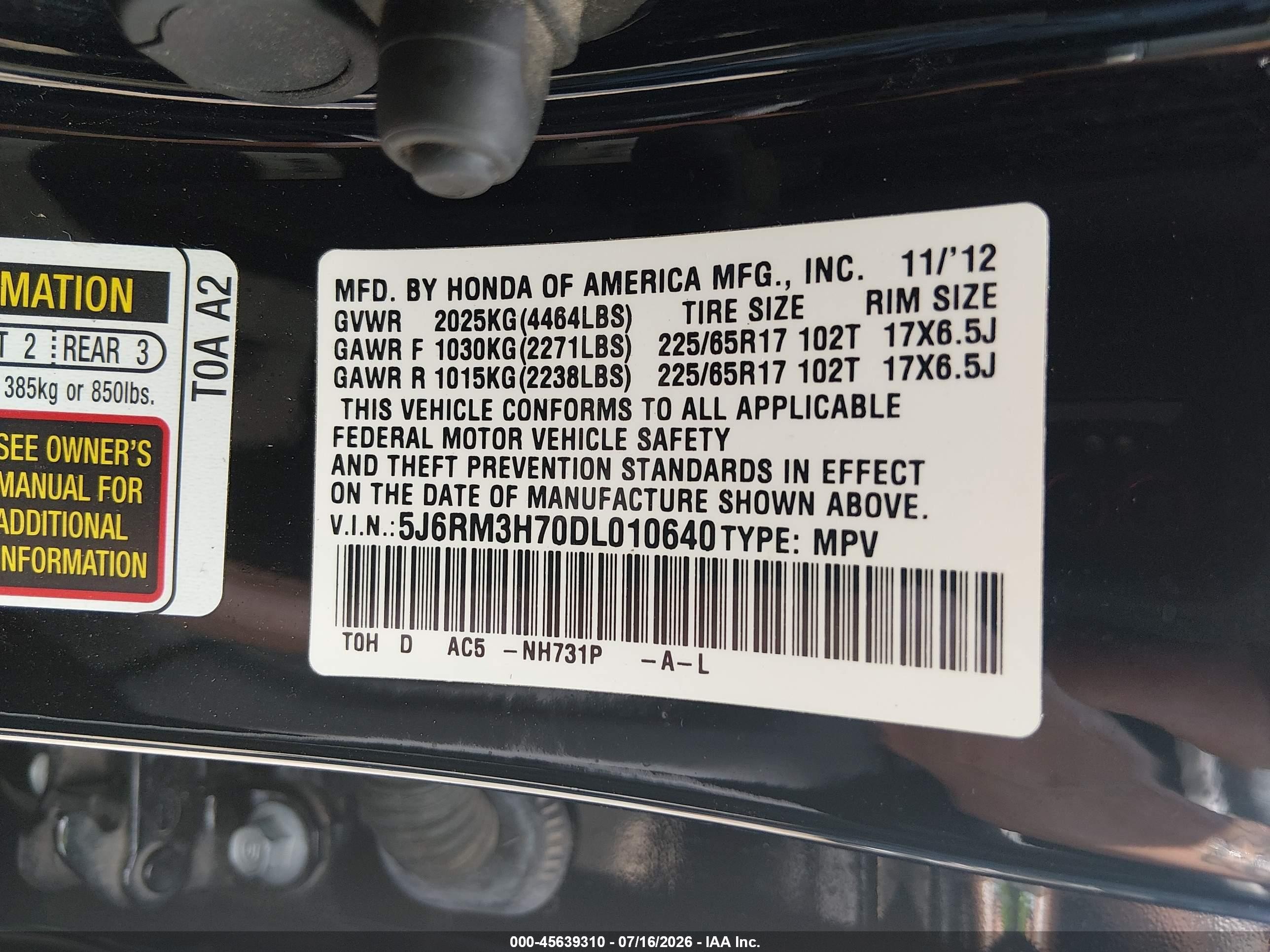 2013 Honda Cr-v Ex-l Black vin: 5J6RM3H70DL010640