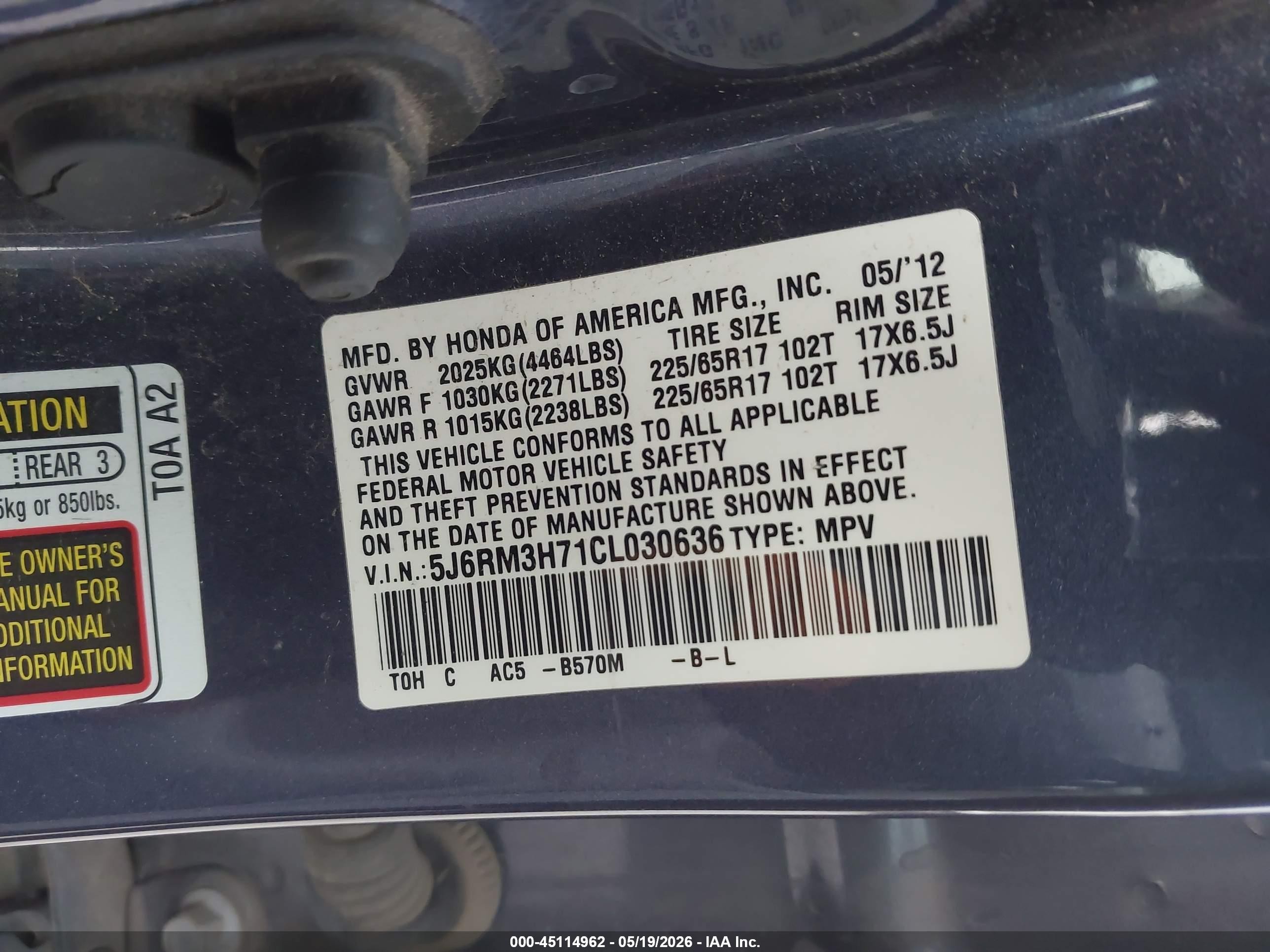 2012 Honda Cr-v Ex-l Серый vin: 5J6RM3H71CL030636