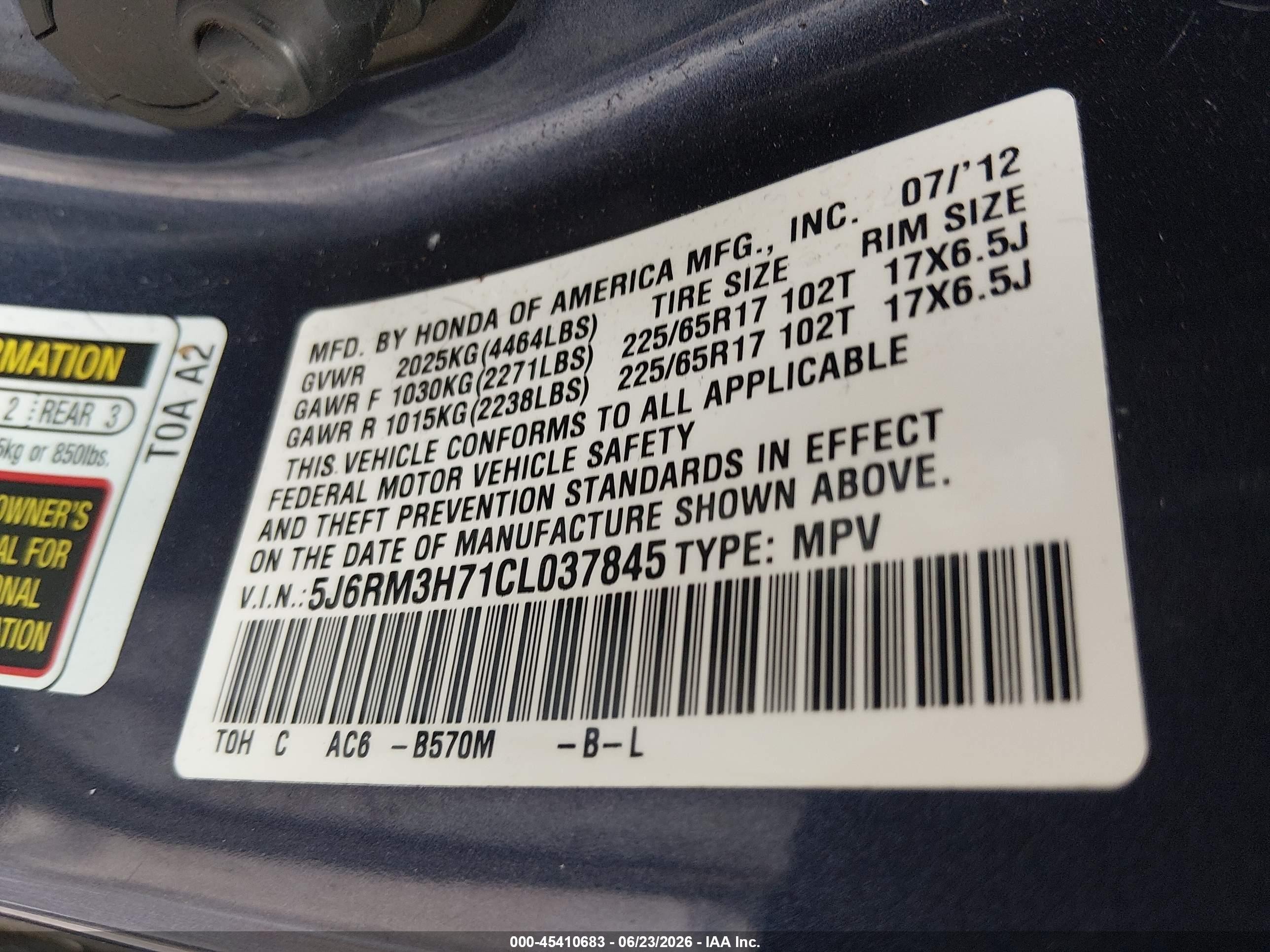 2012 Honda Cr-v Ex-l Blue vin: 5J6RM3H71CL037845