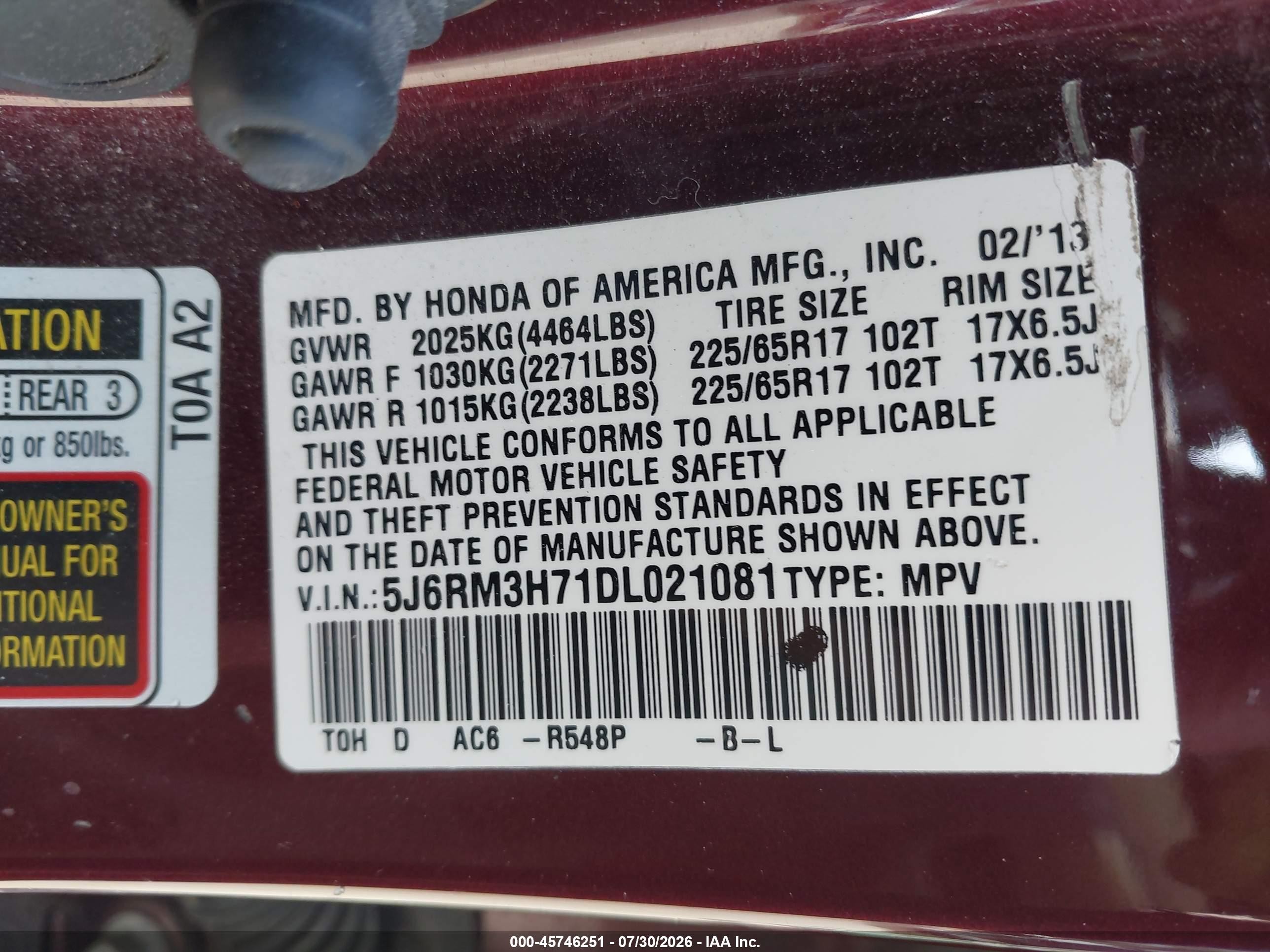 2013 Honda Cr-v Ex-l Burgundy vin: 5J6RM3H71DL021081