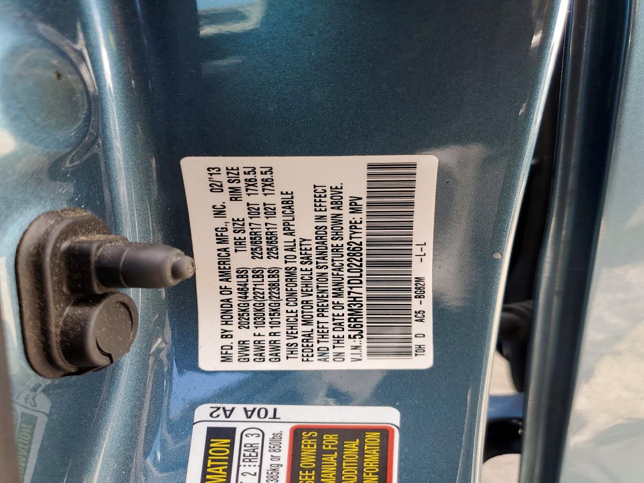 2013 Honda Cr-v Exl Turquoise vin: 5J6RM3H71DL022862