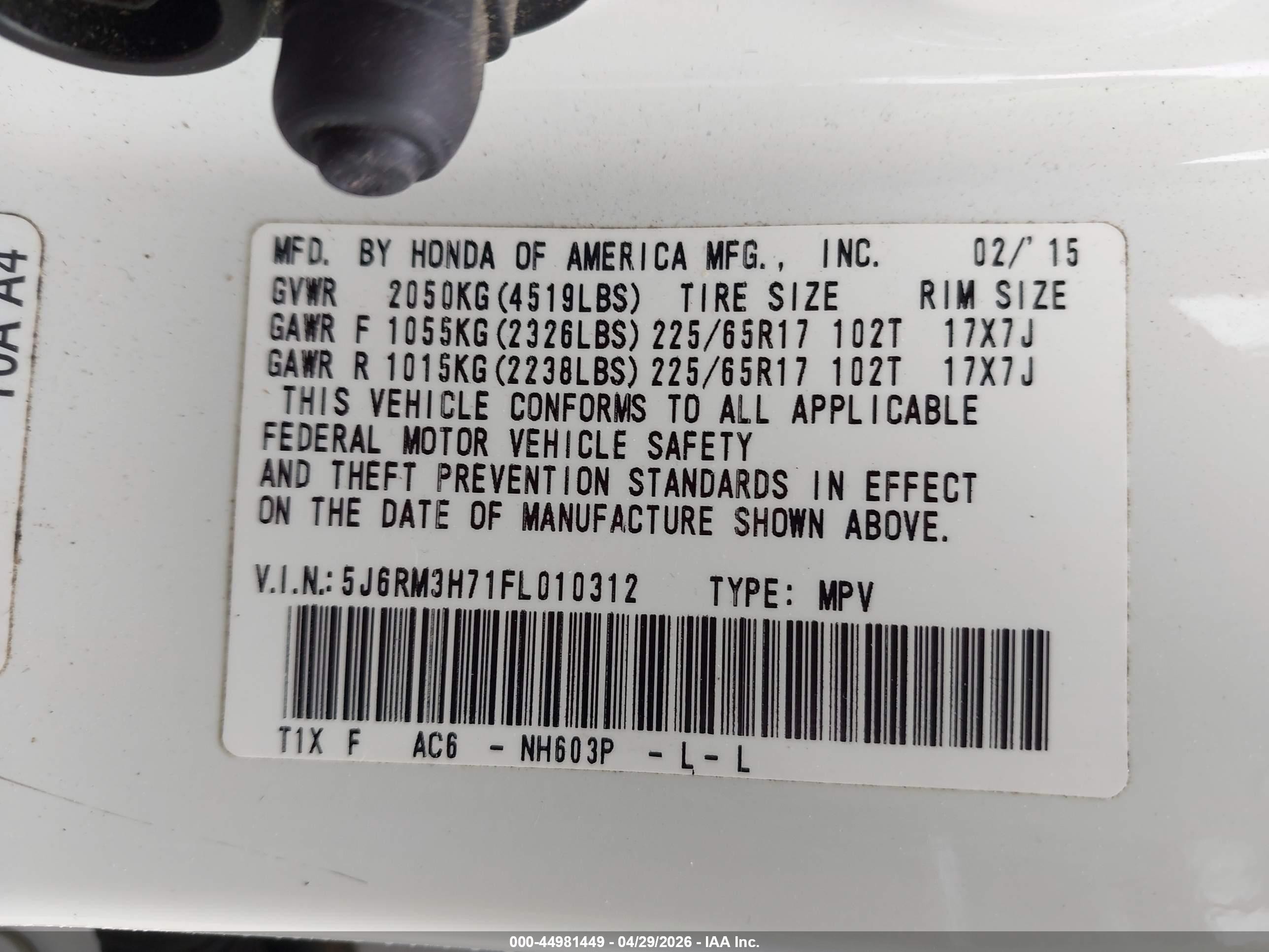 2015 Honda Cr-v Ex-l White vin: 5J6RM3H71FL010312