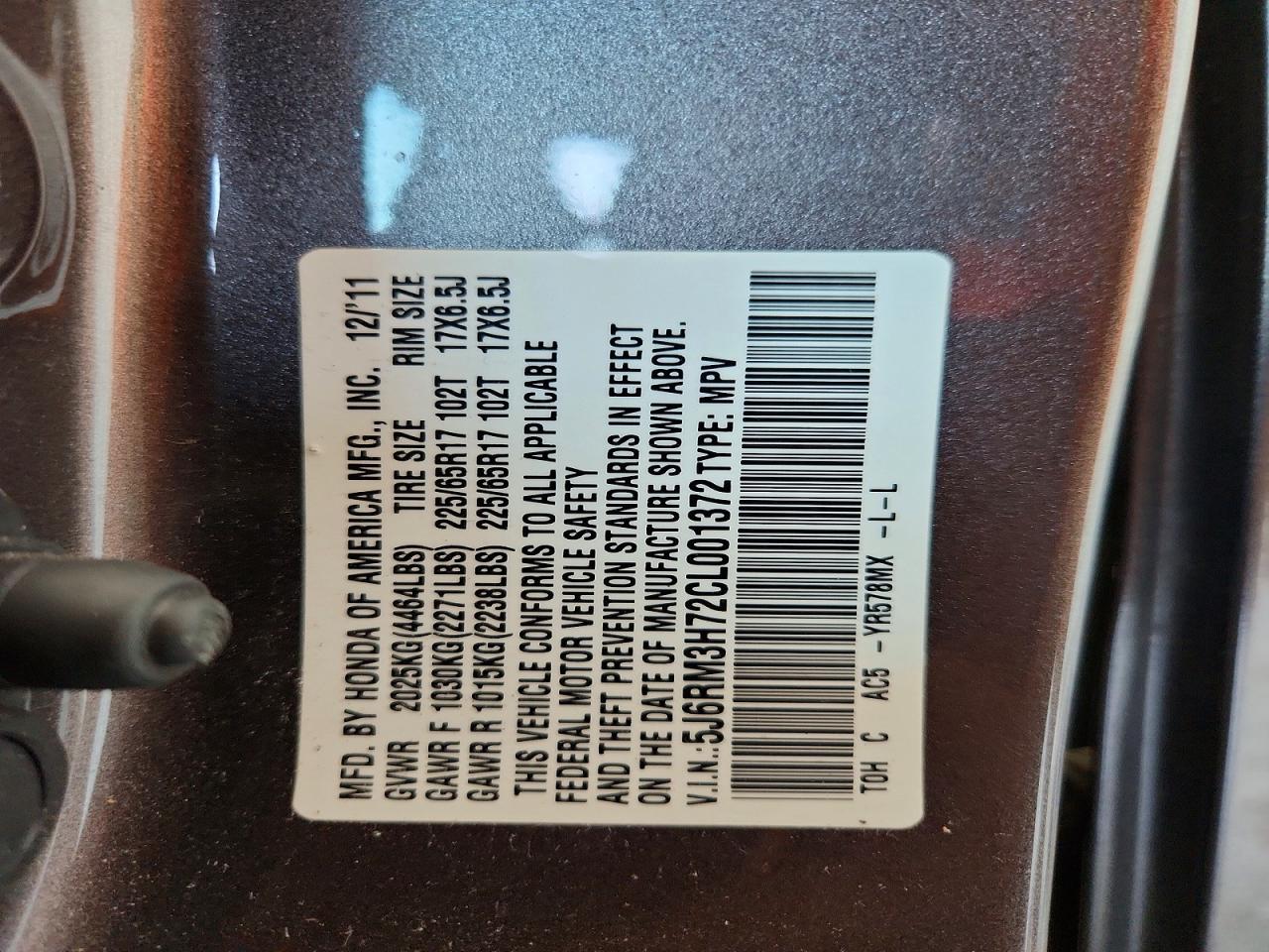 2012 Honda Cr-v Exl Gray vin: 5J6RM3H72CL001372