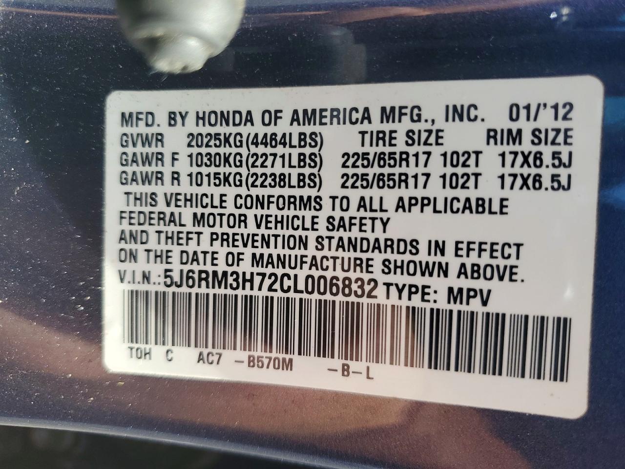 2012 Honda Cr-v Exl Blue vin: 5J6RM3H72CL006832