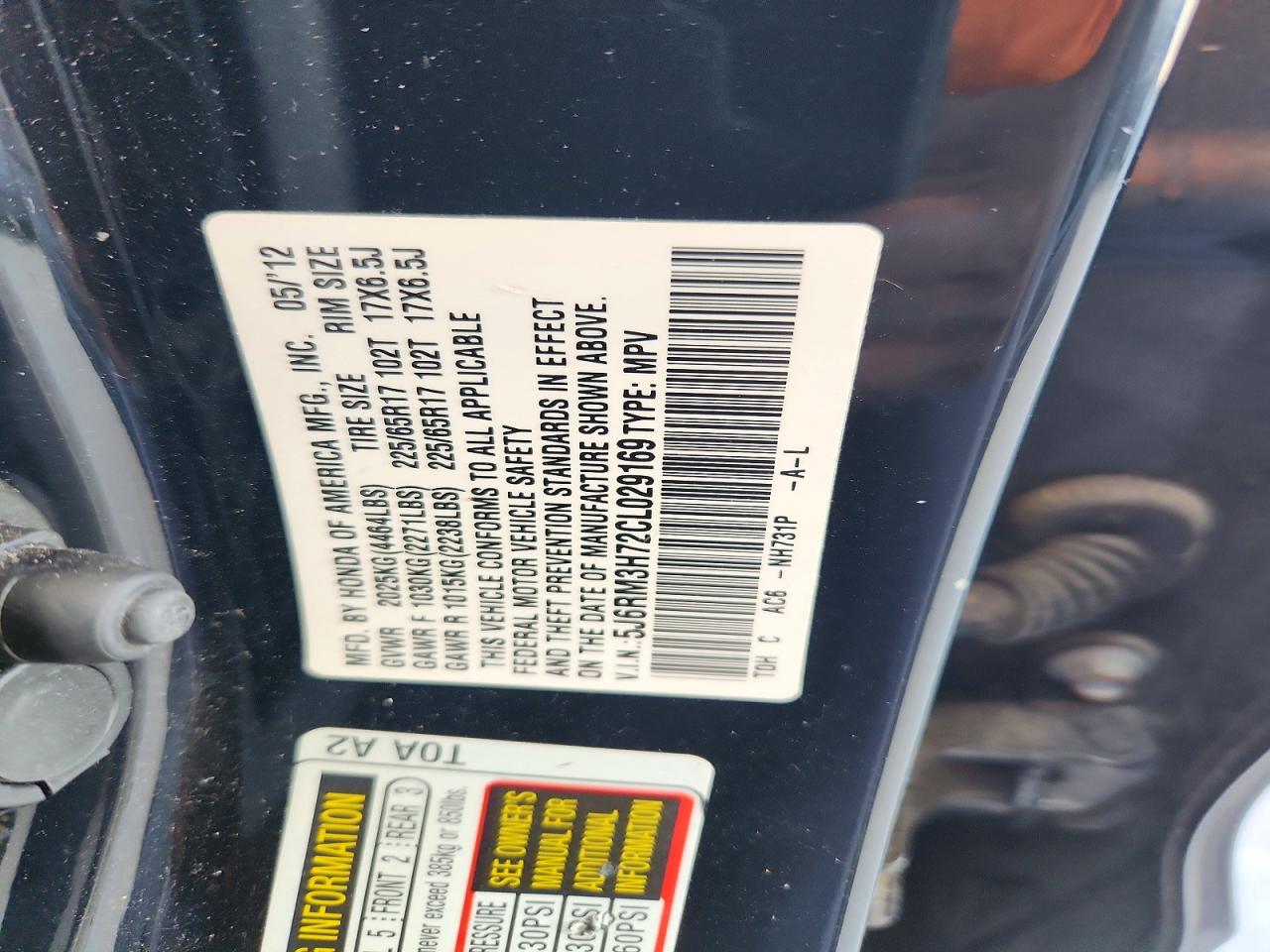 2012 Honda Cr-v Exl Black vin: 5J6RM3H72CL029169