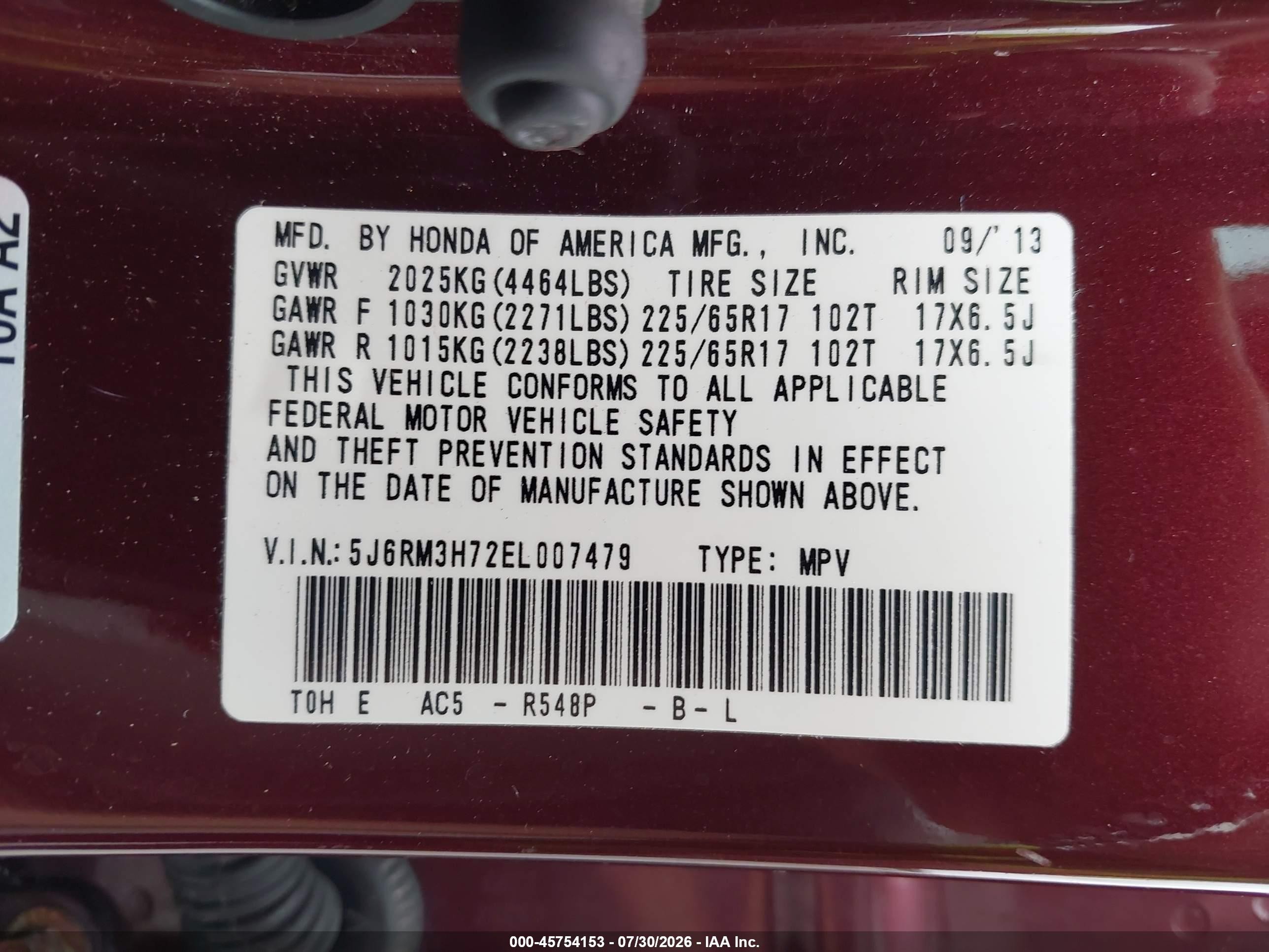 2014 Honda Cr-v Ex-l Burgundy vin: 5J6RM3H72EL007479