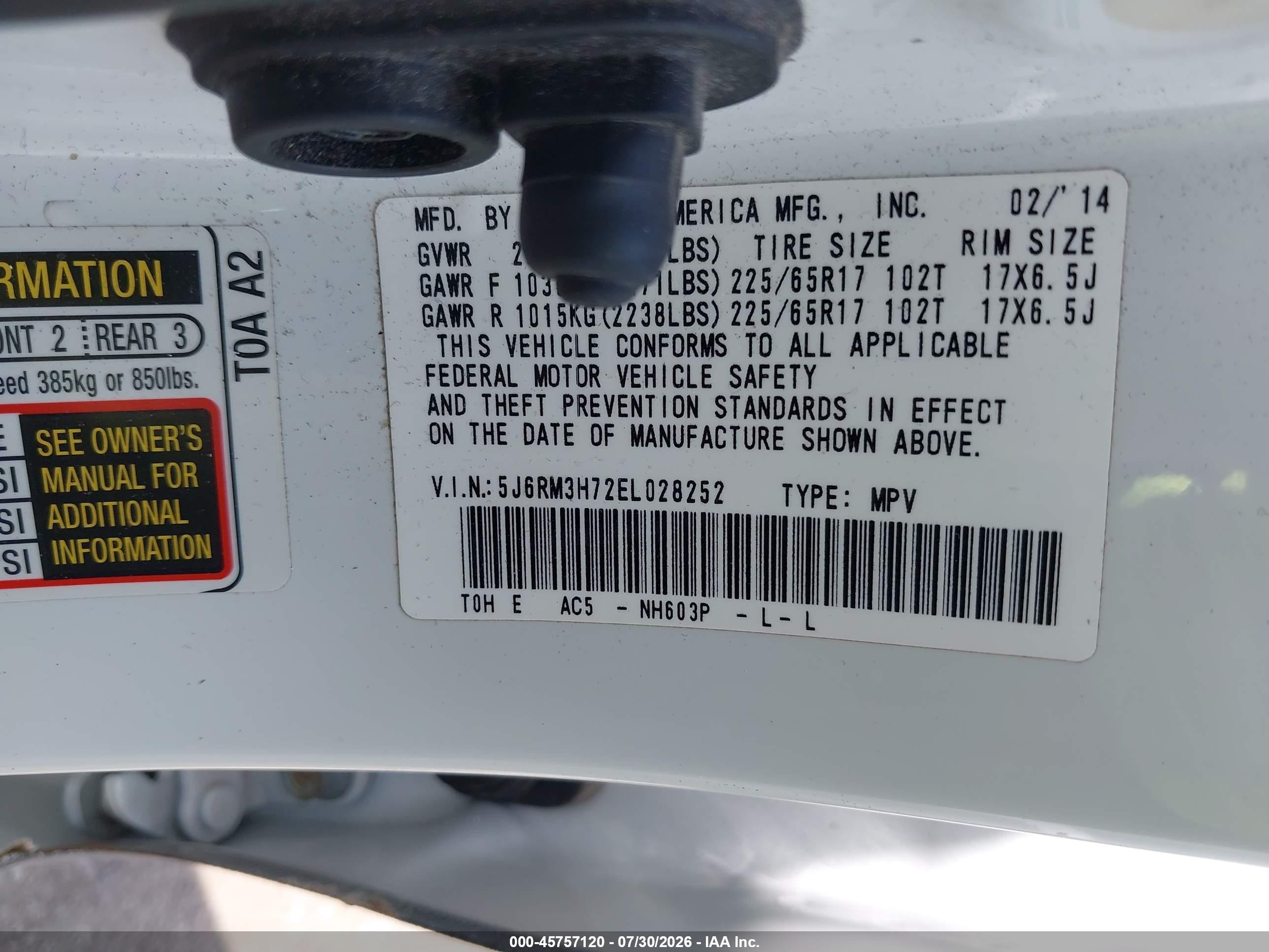 2014 Honda Cr-v Ex-l White vin: 5J6RM3H72EL028252