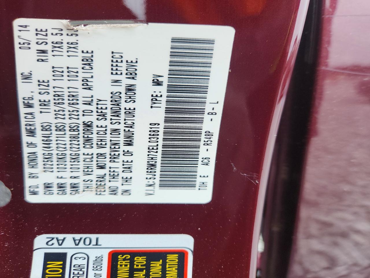 2014 Honda Cr-v Exl Burgundy vin: 5J6RM3H72EL036819