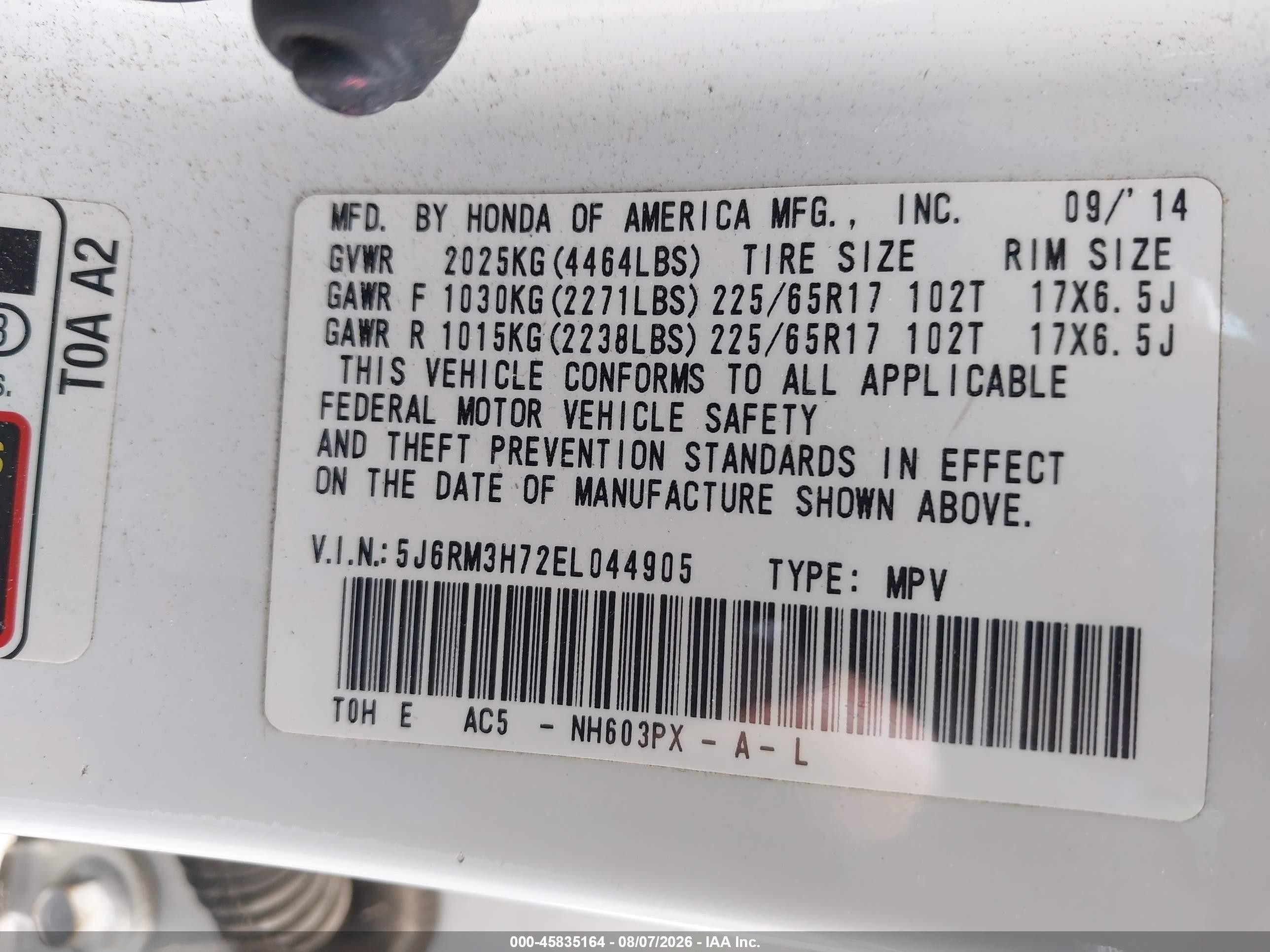 2014 Honda Cr-v Ex-l White vin: 5J6RM3H72EL044905