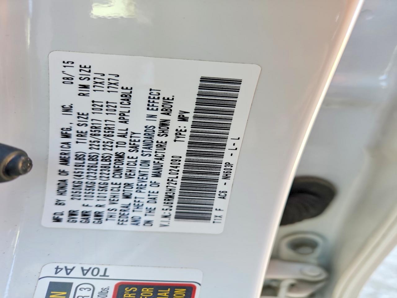 2015 Honda Cr-v Exl White vin: 5J6RM3H72FL024090