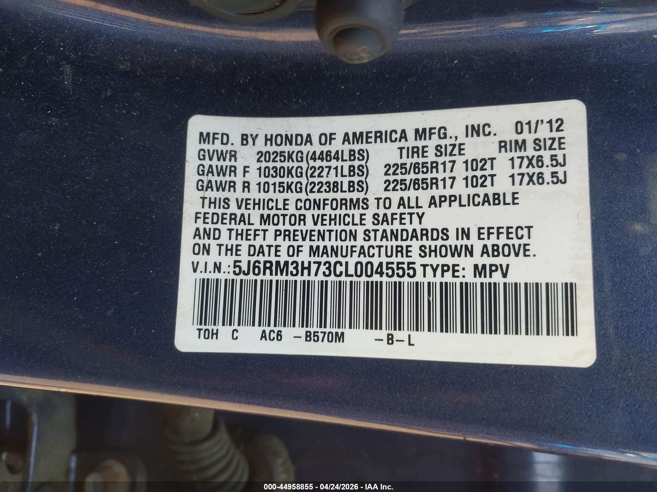 2012 Honda Cr-v Ex-l Dark Blue vin: 5J6RM3H73CL004555