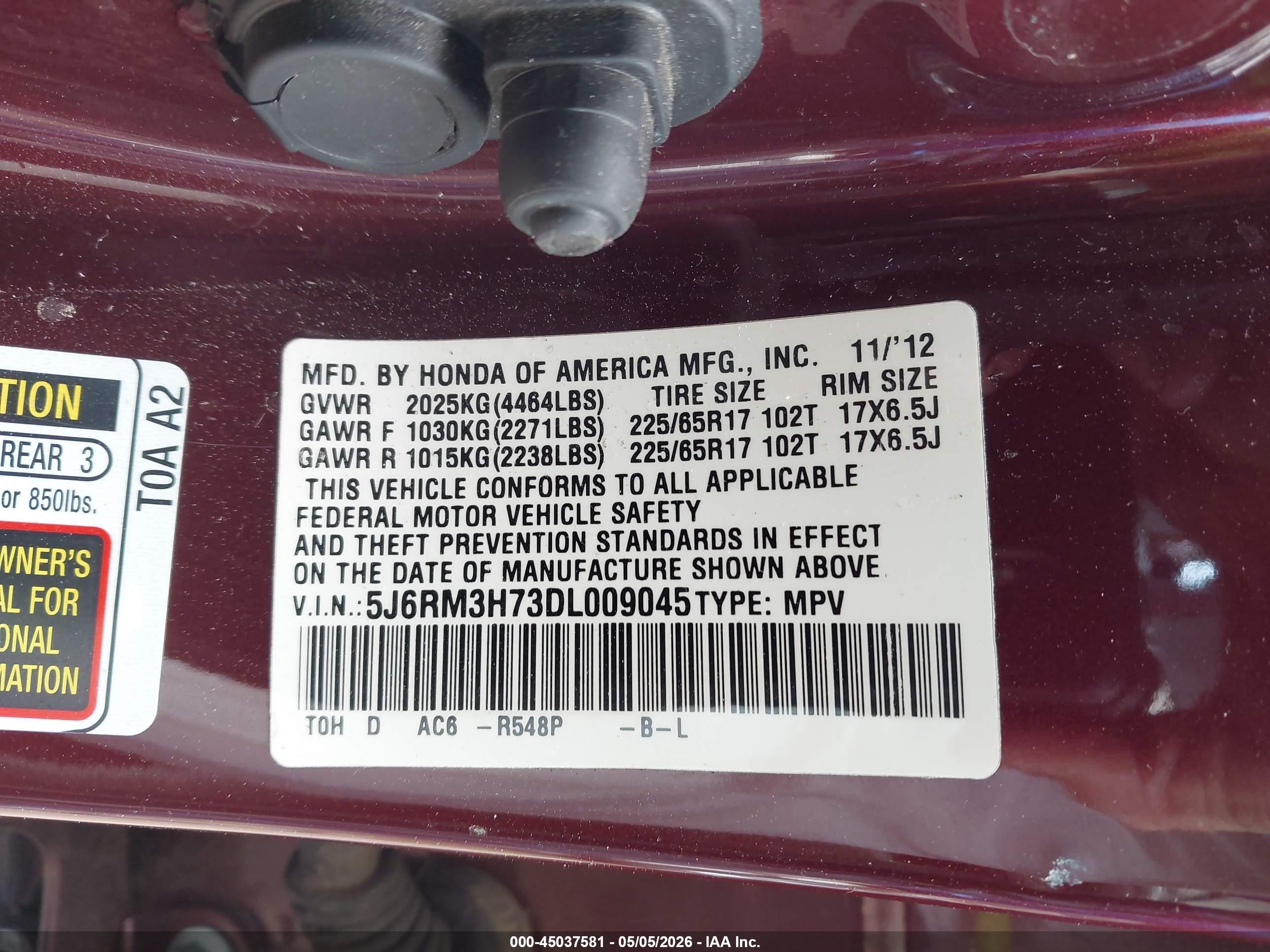 2013 Honda Cr-v Ex-l Maroon vin: 5J6RM3H73DL009045