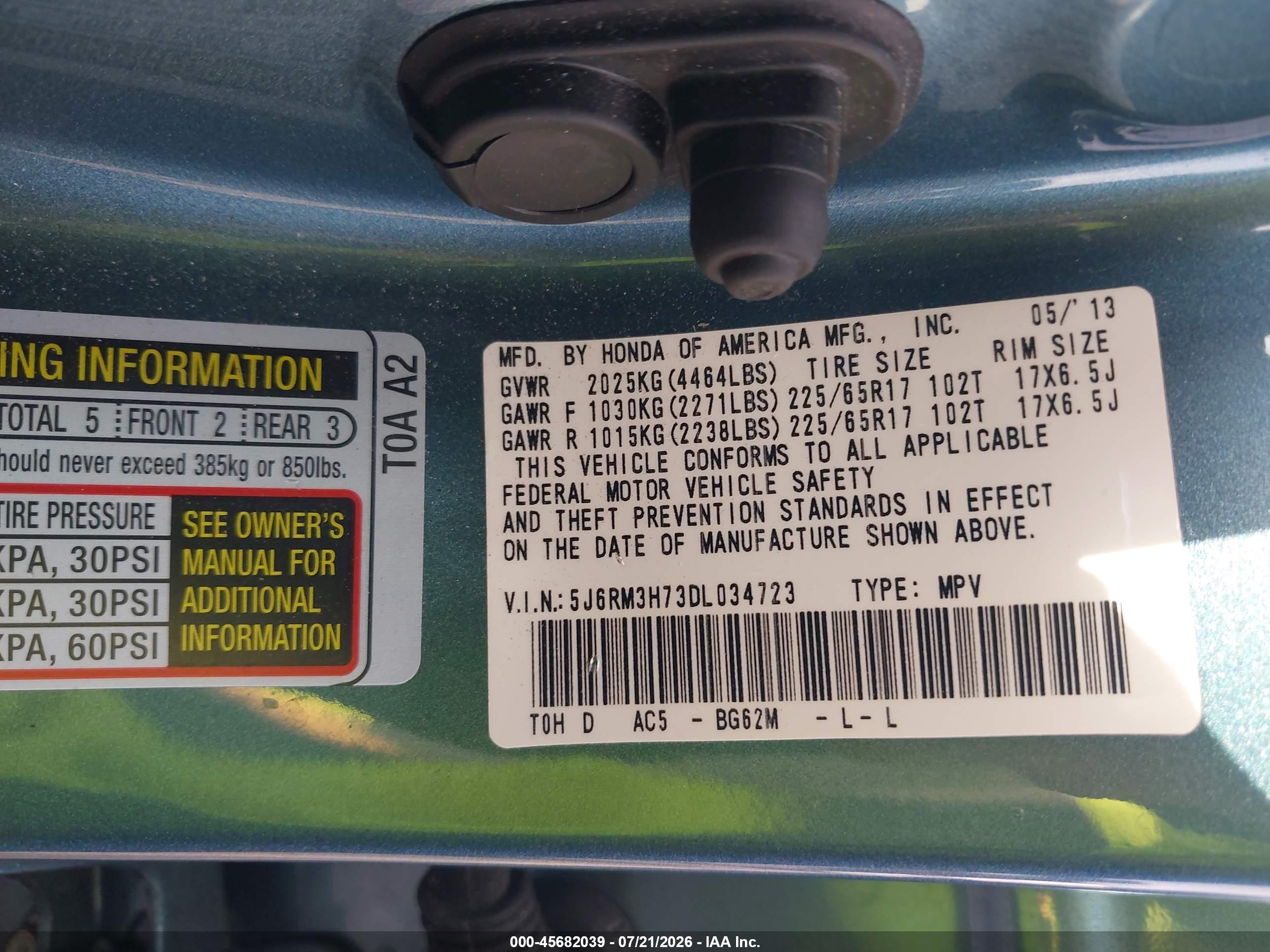 2013 Honda Cr-v Ex-l Light Blue vin: 5J6RM3H73DL034723