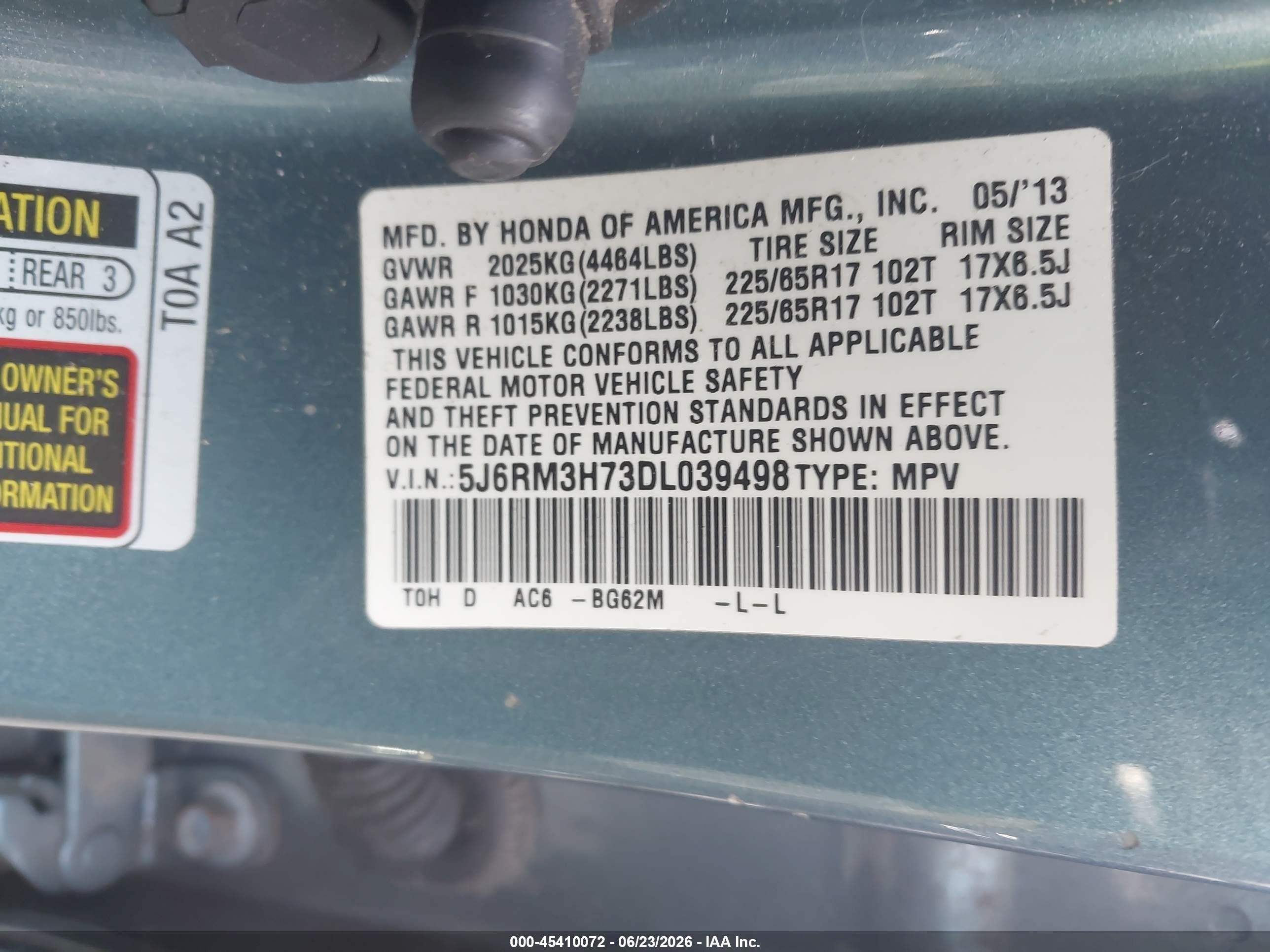 2013 Honda Cr-v Ex-l Blue vin: 5J6RM3H73DL039498
