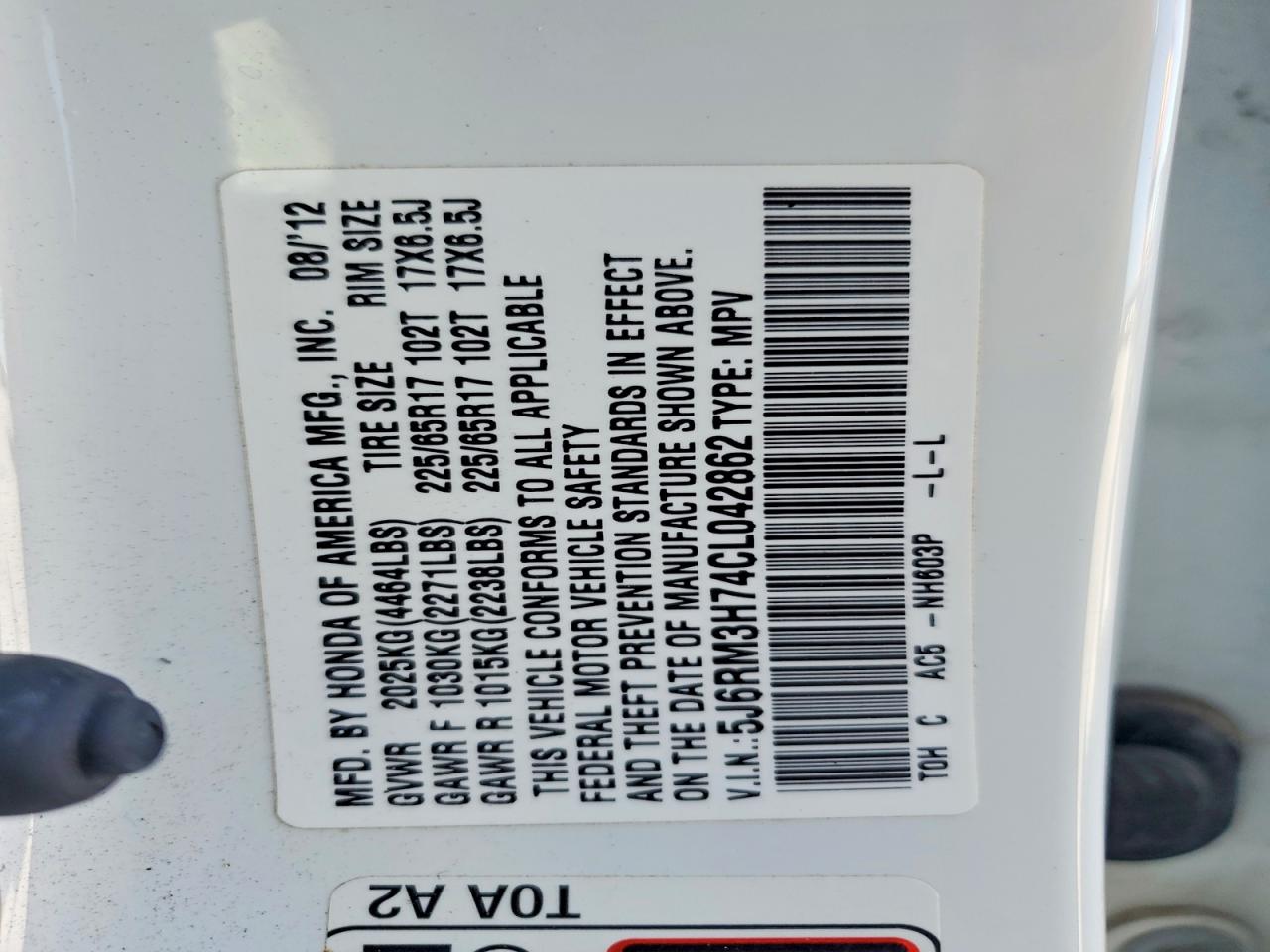 2012 Honda Cr-v Exl White vin: 5J6RM3H74CL042862