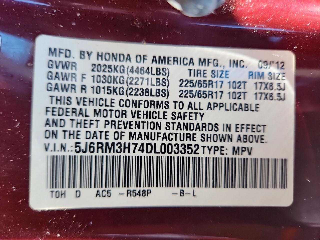 2013 Honda Cr-v Exl Maroon vin: 5J6RM3H74DL003352