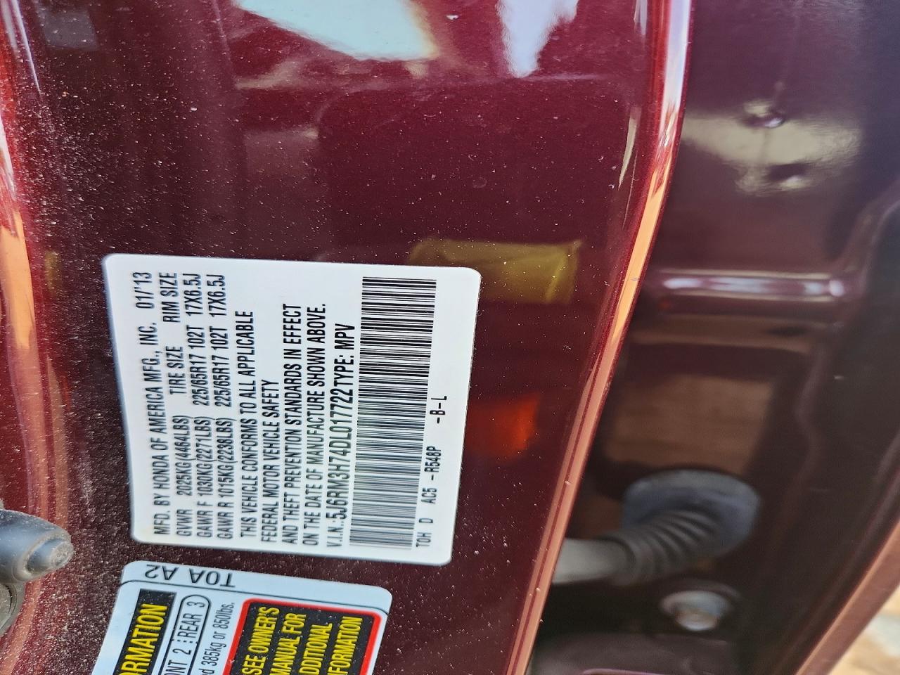 2013 Honda Cr-v Exl Burgundy vin: 5J6RM3H74DL017722