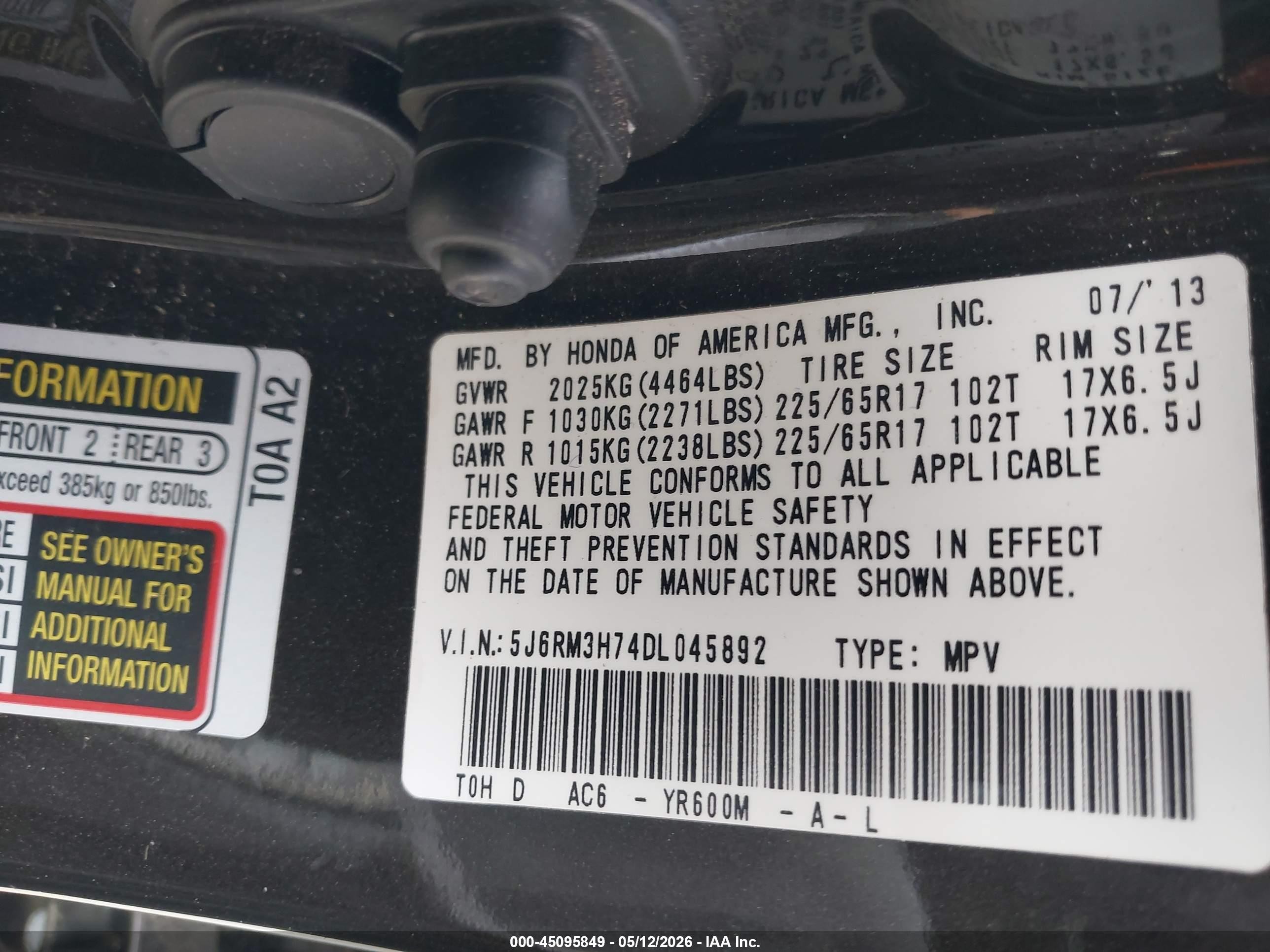 2013 Honda Cr-v Ex-l Black vin: 5J6RM3H74DL045892