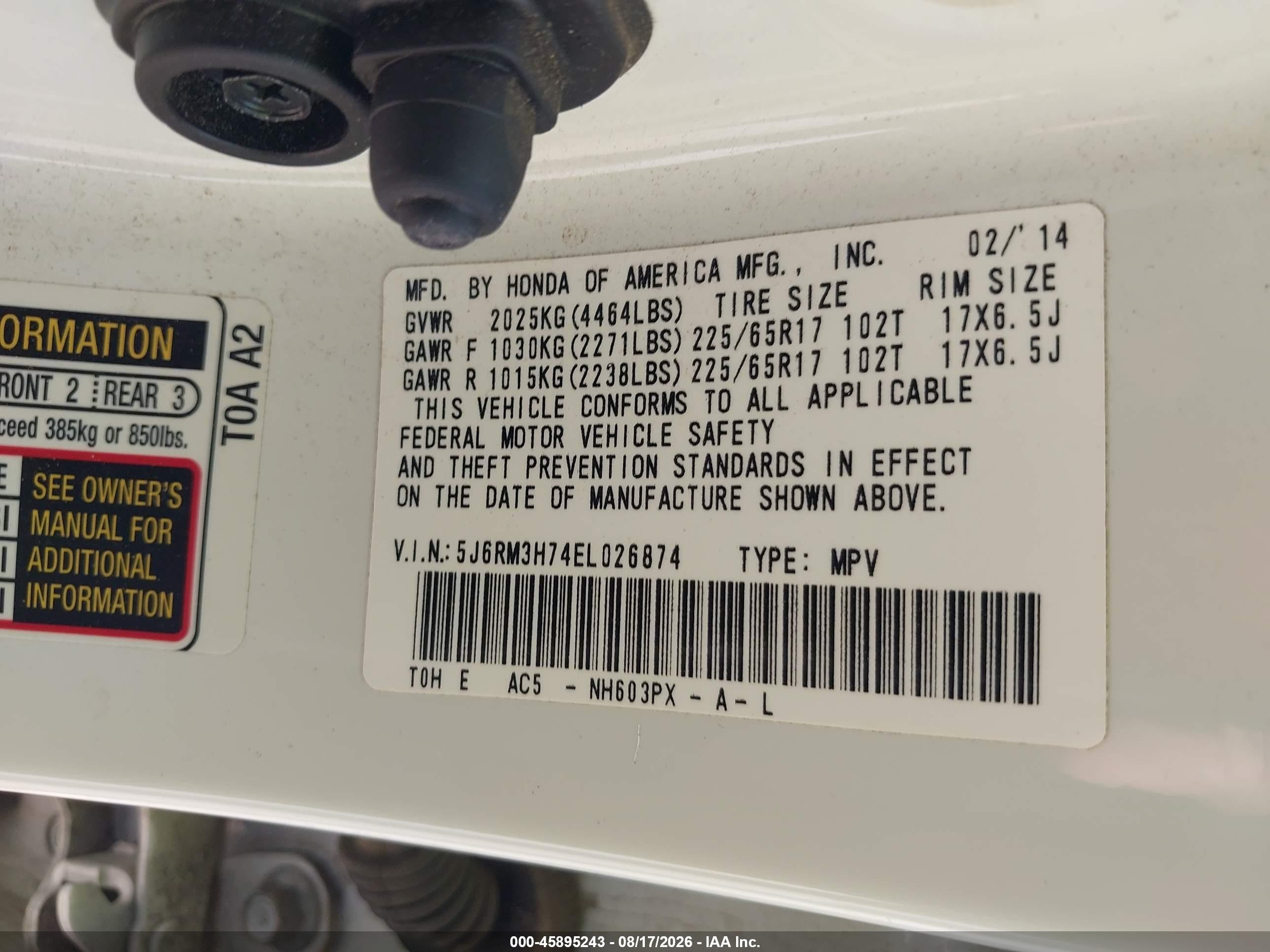 2014 Honda Cr-v Ex-l Белый vin: 5J6RM3H74EL026874