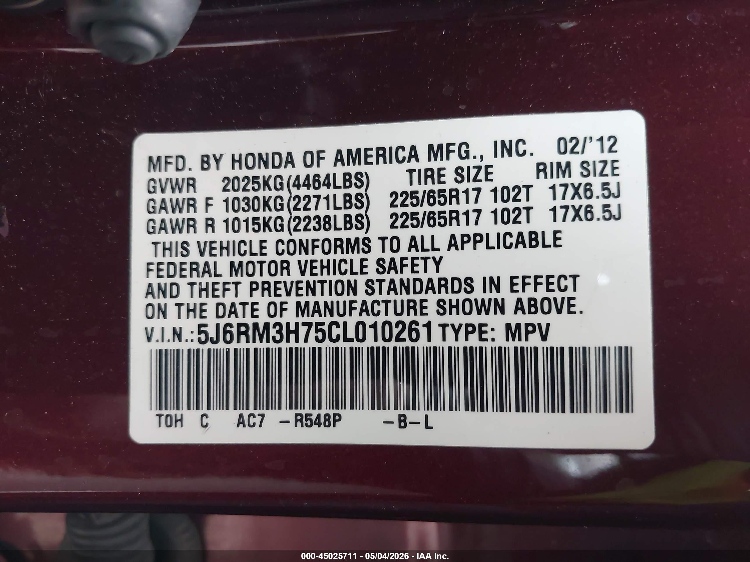 2012 Honda Cr-v Ex-l Maroon vin: 5J6RM3H75CL010261