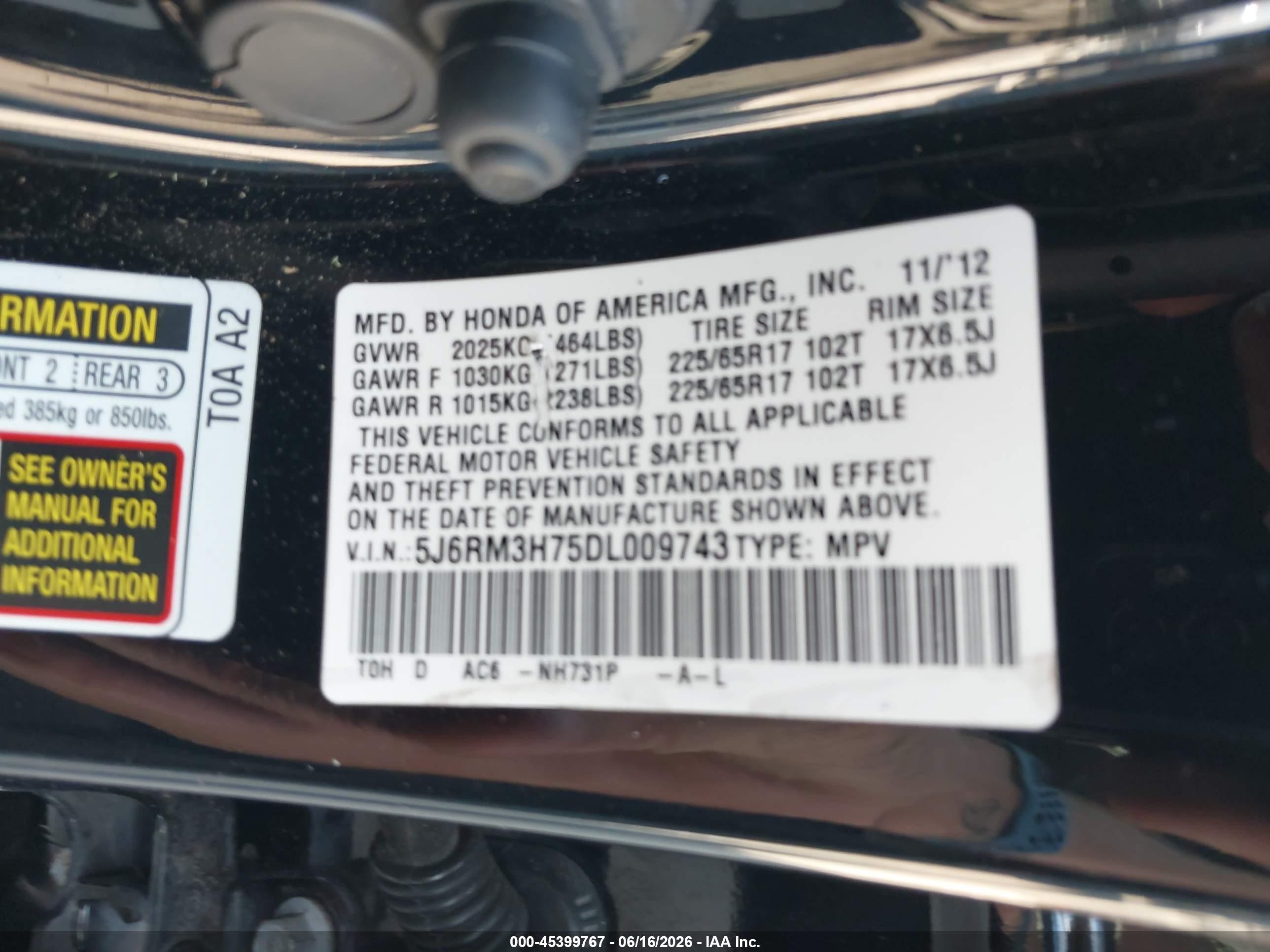 2013 Honda Cr-v Ex-l Black vin: 5J6RM3H75DL009743
