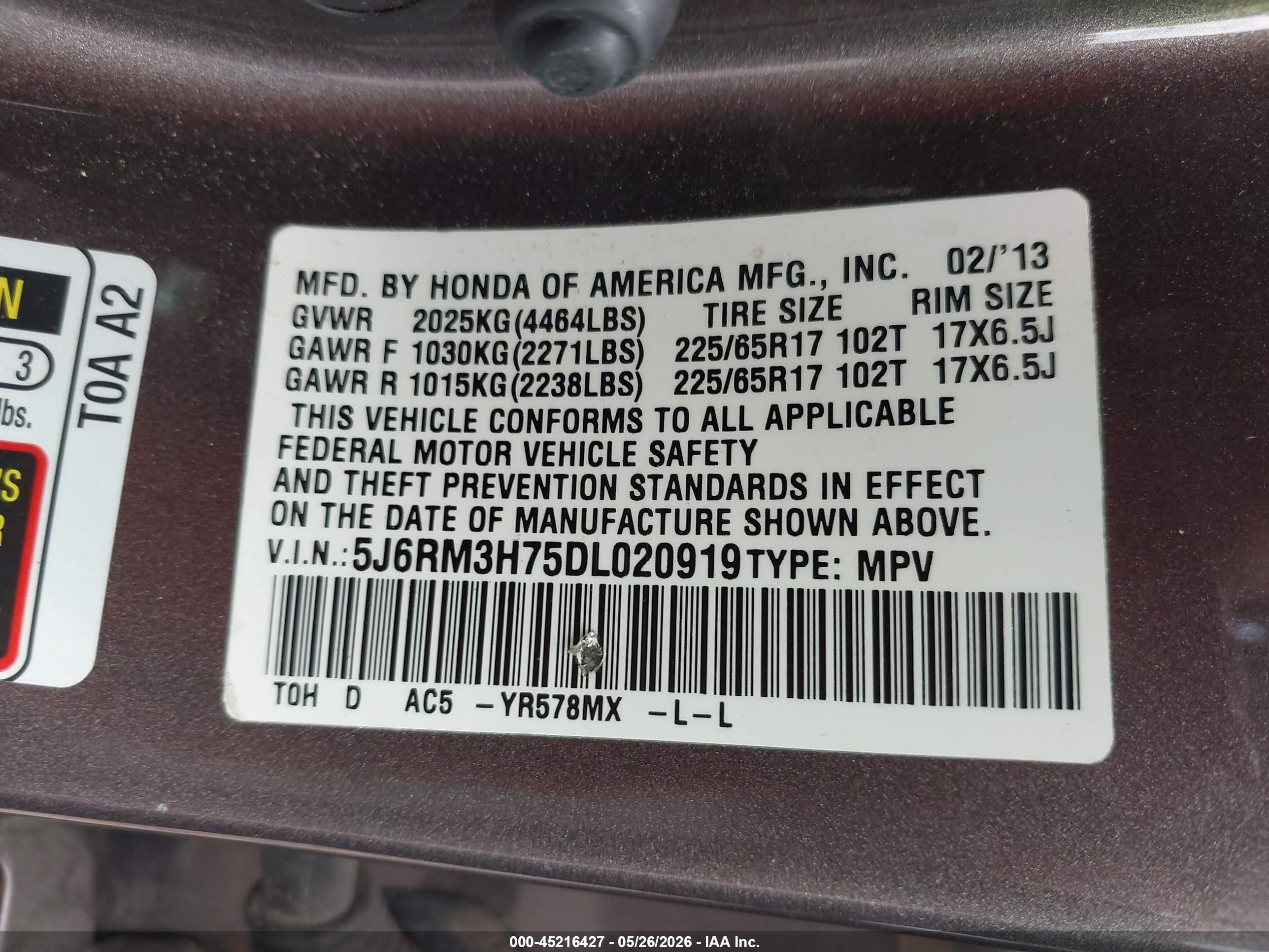 2013 Honda Cr-v Ex-l Beige vin: 5J6RM3H75DL020919