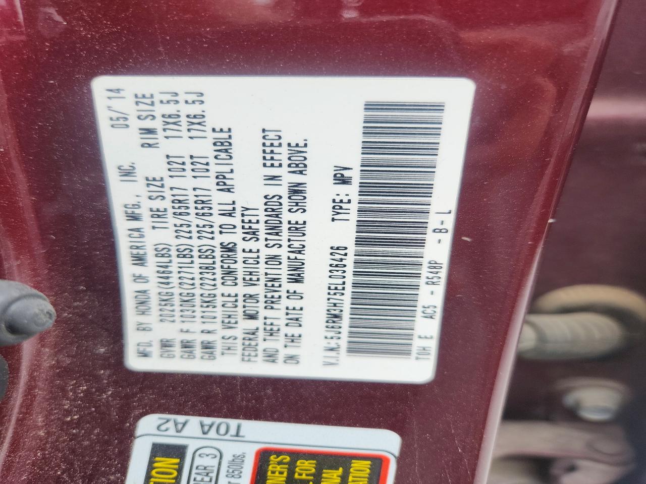 2014 Honda Cr-v Exl Maroon vin: 5J6RM3H75EL036426