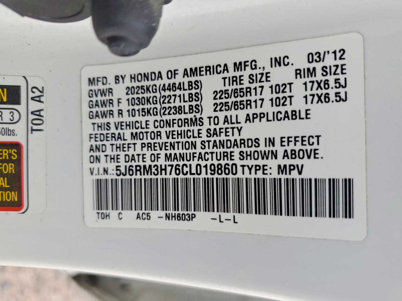 2012 Honda Cr-v Exl White vin: 5J6RM3H76CL019860