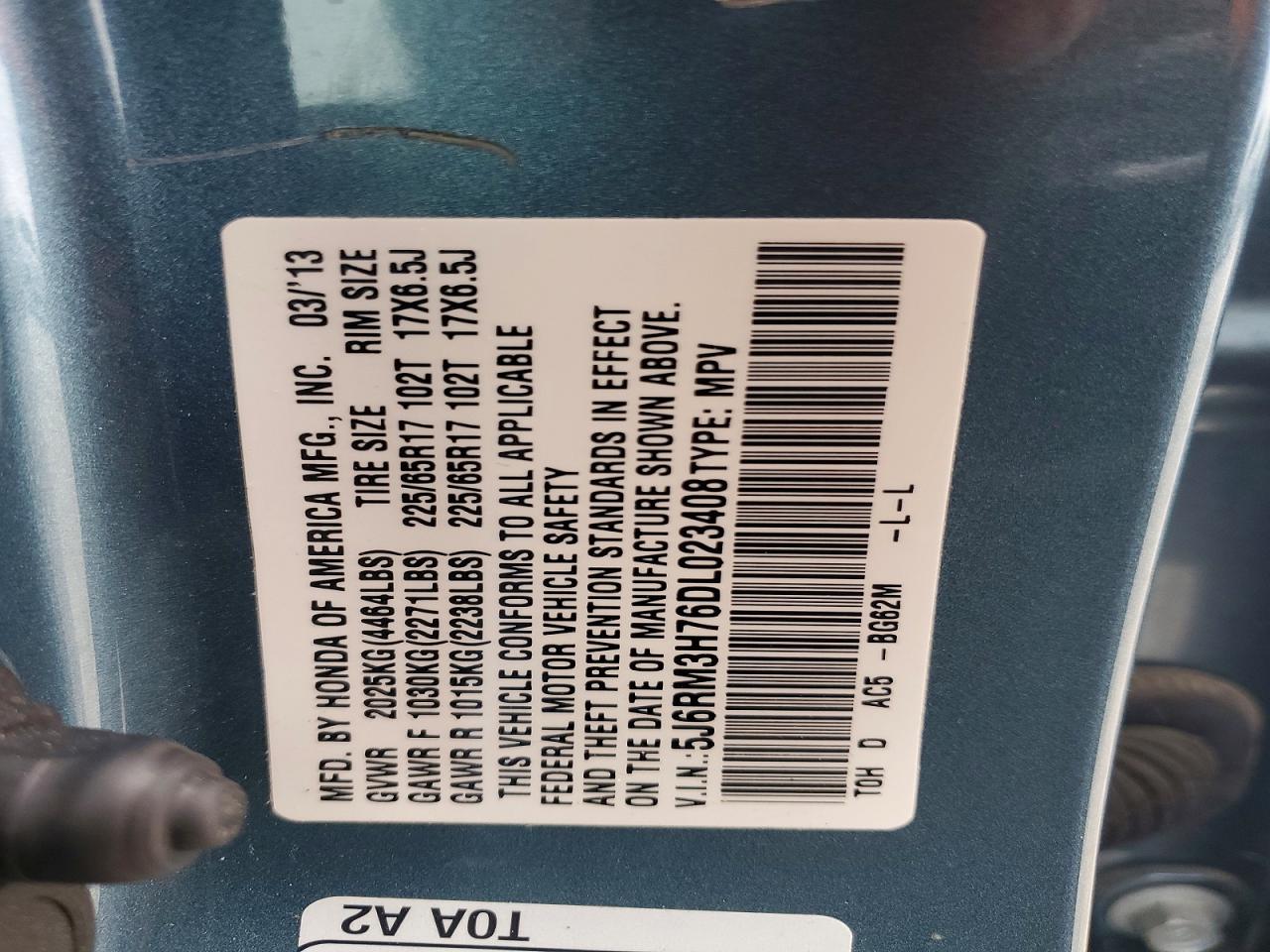2013 Honda Cr-v Exl Blue vin: 5J6RM3H76DL023408