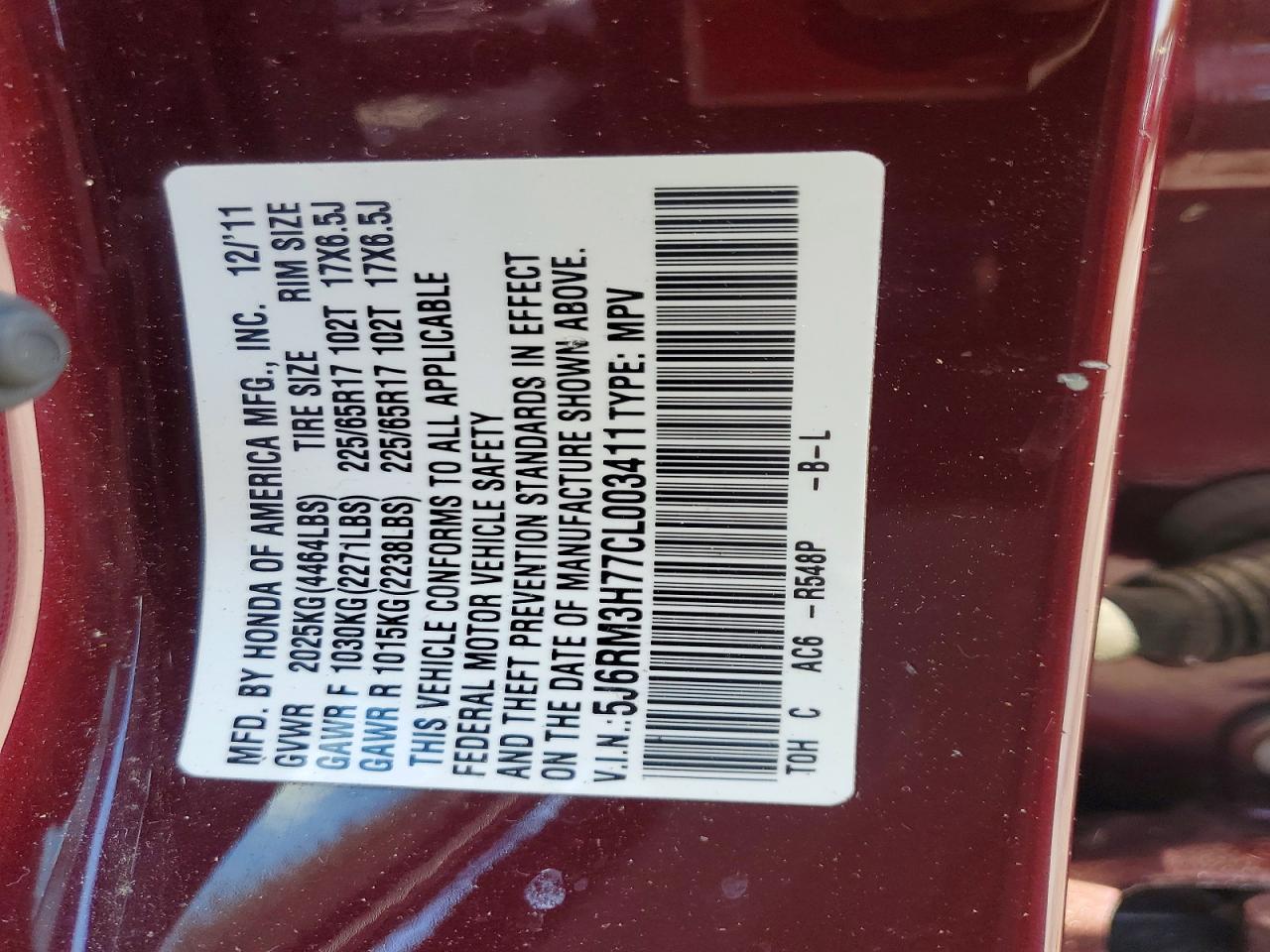 2012 Honda Cr-v Exl Burgundy vin: 5J6RM3H77CL003411